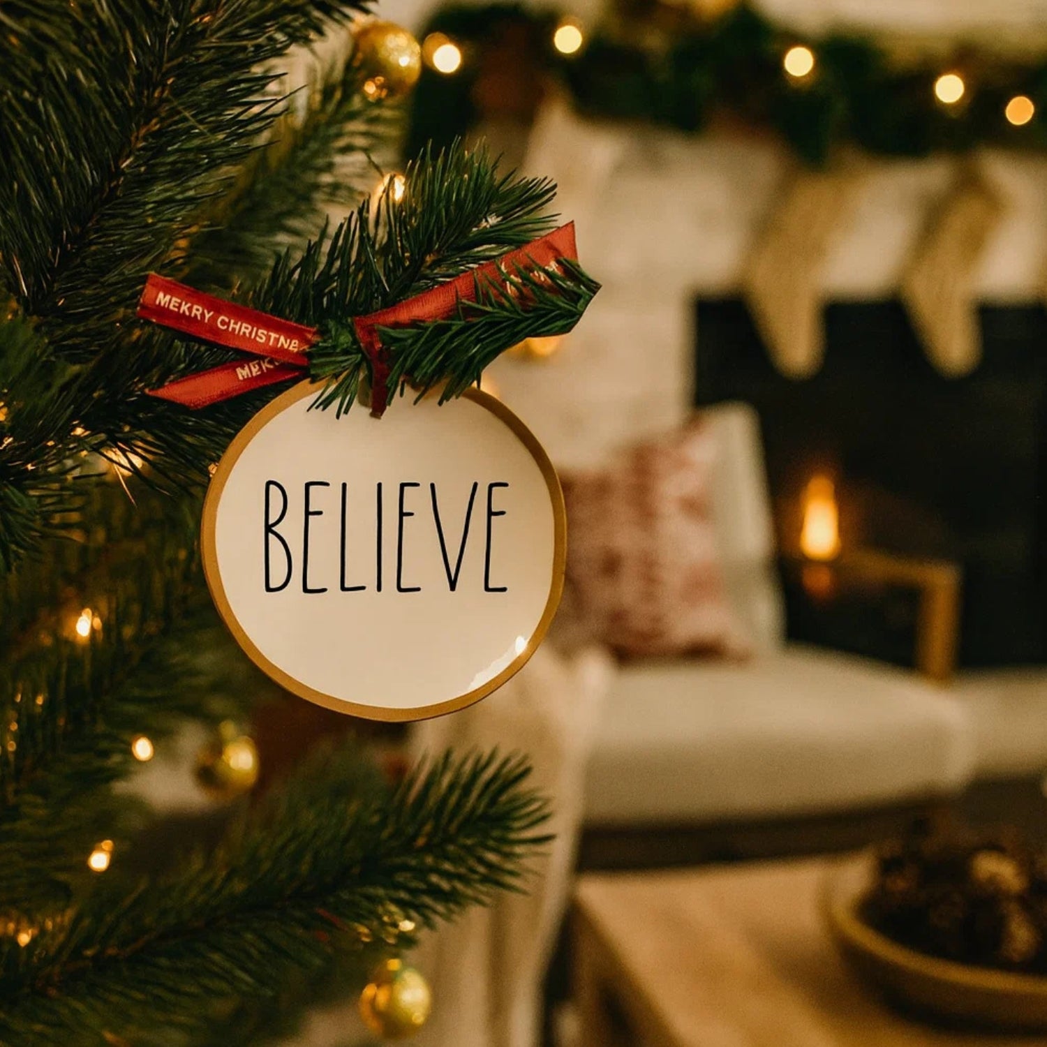Handcrafted Ceramic "BELIEVE" Christmas Tree Hanging Festive Ornament