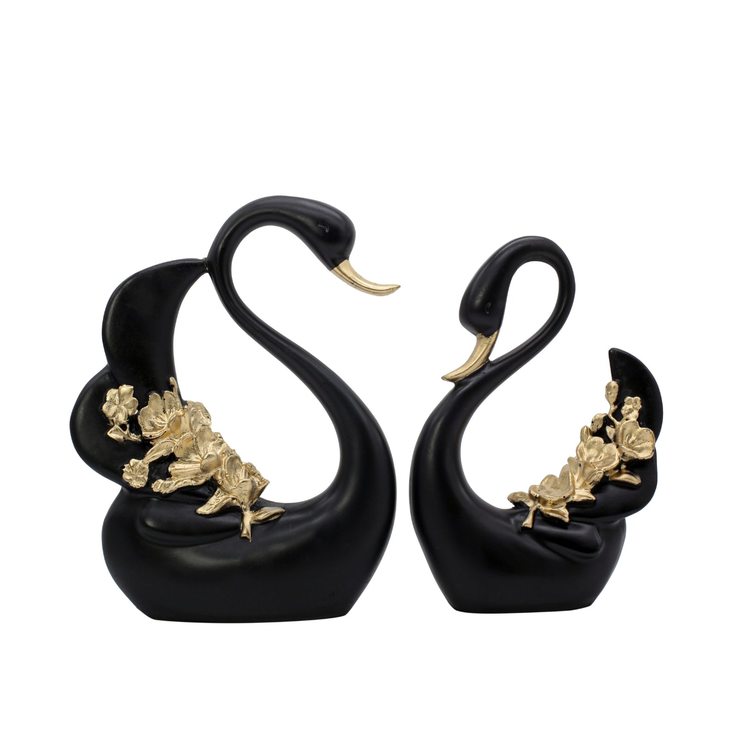Luxury Black Swan Figurines With Gold Floral Design For Decor