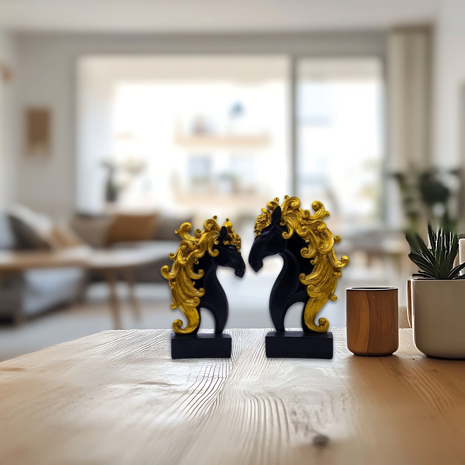 Elegant Black Horse Statues With Gold Mane For Luxurious Decor