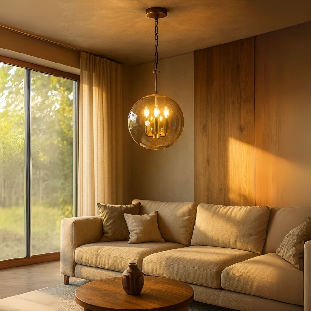 Premium 3-Light Ceiling Pendant - Antique Gold With Smoke Grey Glass Chandelier