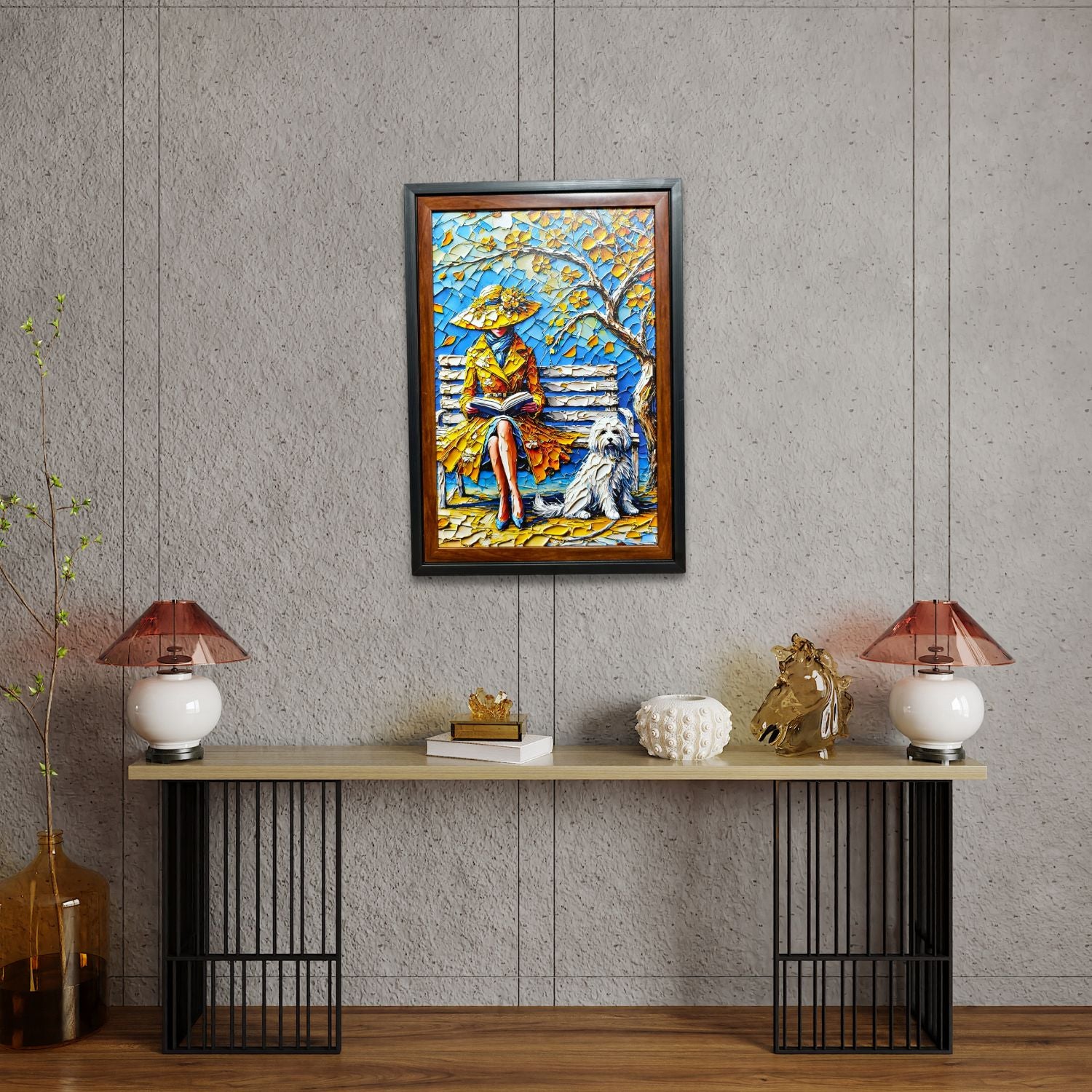 Elegant Lady Reading On Park Bench With Dog - Textured Wall Art