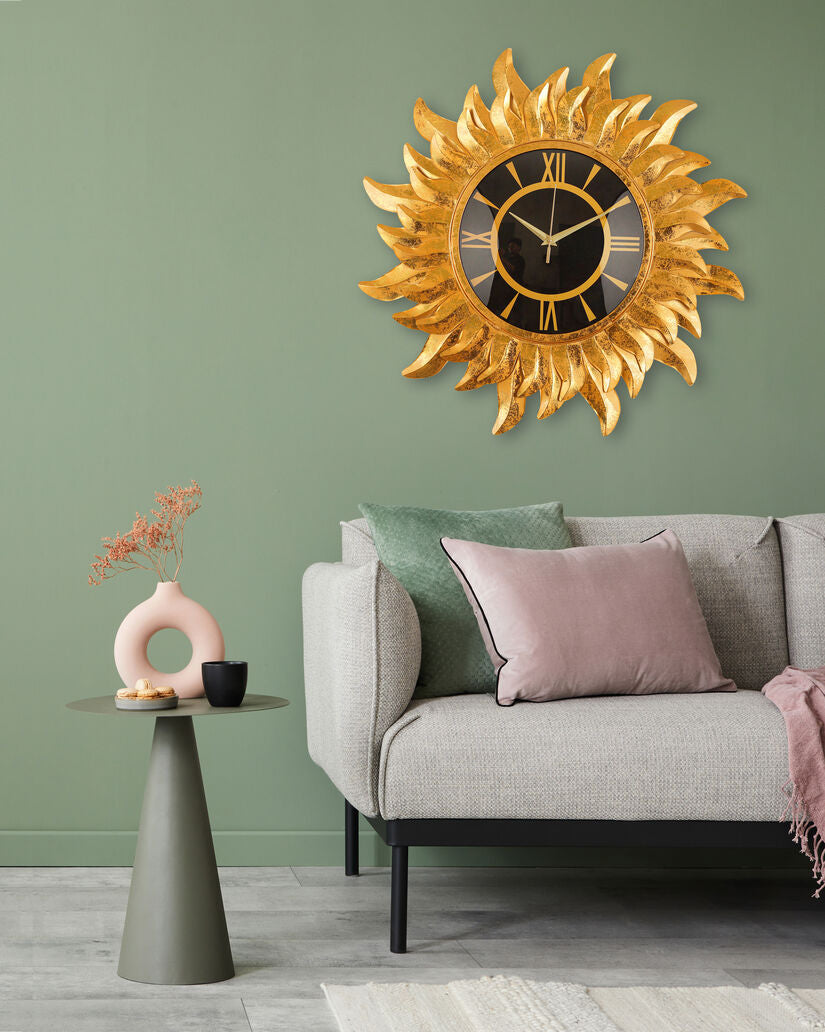 Golden Sunburst Wall Clock with Roman Numerals and Black Dial