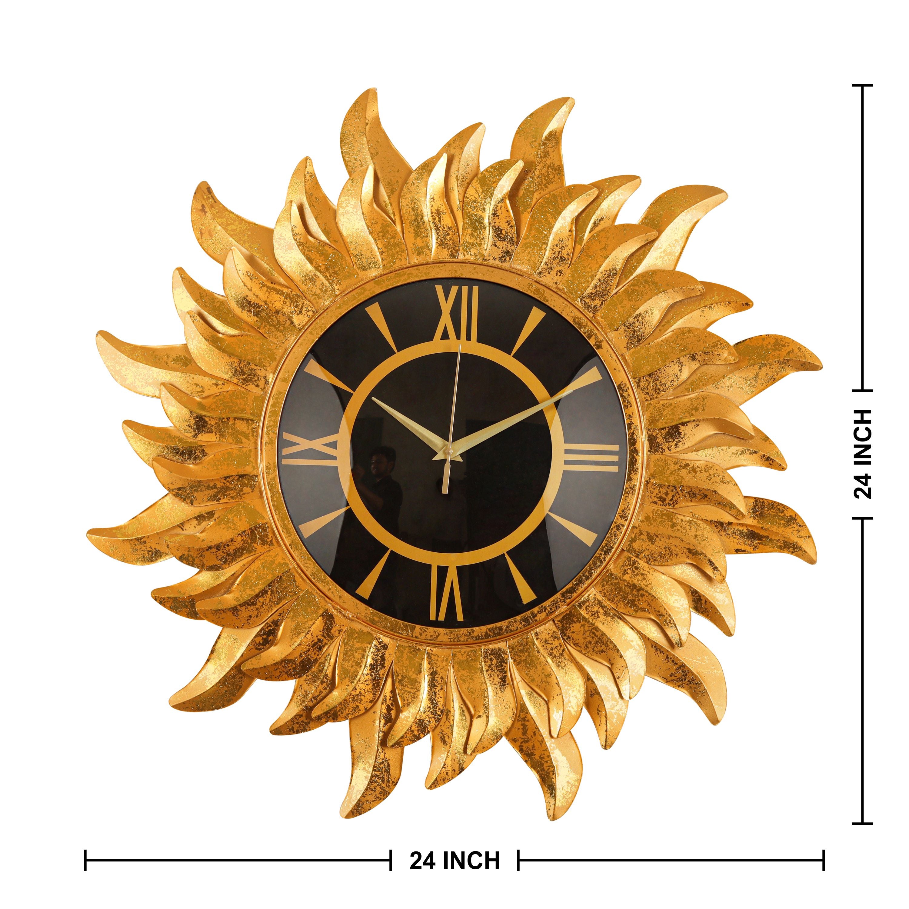 Golden Sunburst Wall Clock with Roman Numerals and Black Dial