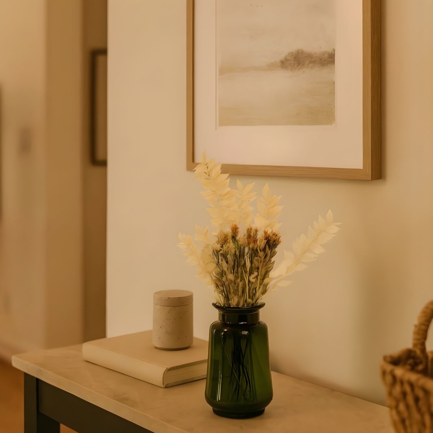 Elegant Emerald Glass Vase With Premium Decorative Dried Floral Bunch