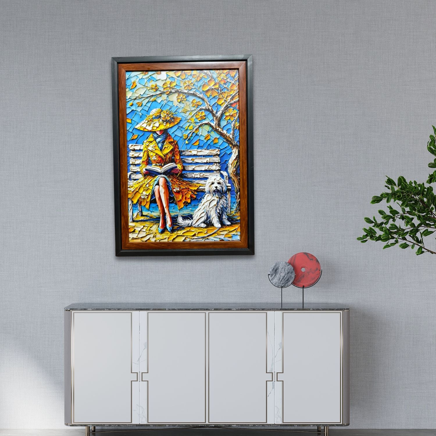 Elegant Lady Reading On Park Bench With Dog - Textured Wall Art