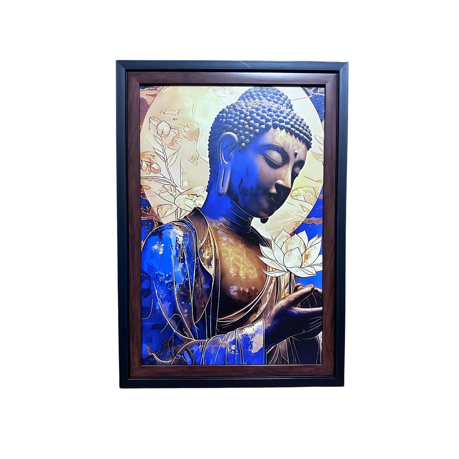 Elegant Blue Buddha Holding Lotus Flower Spiritual Wall Art Decor