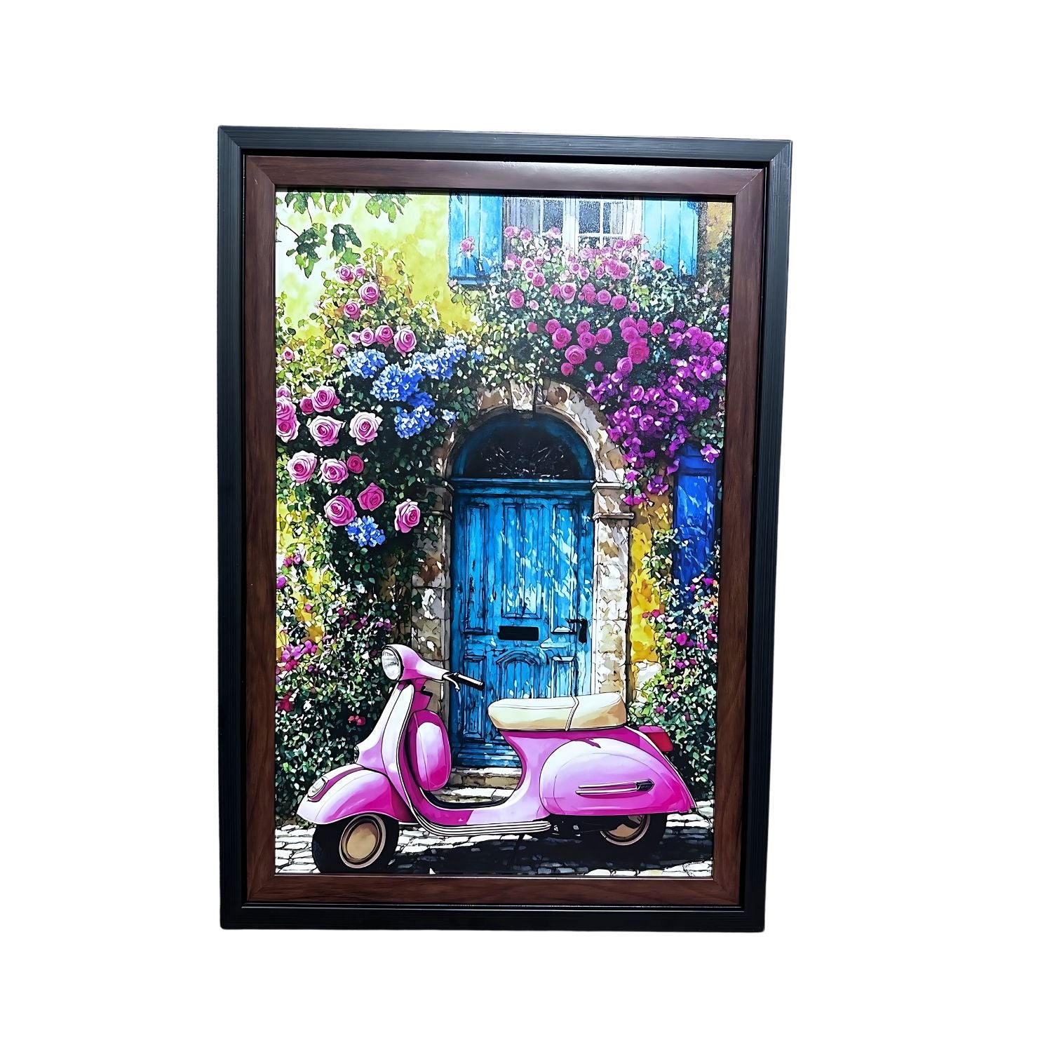 Charming Pink Scooter By Blue Door With Floral Surroundings Wall Art