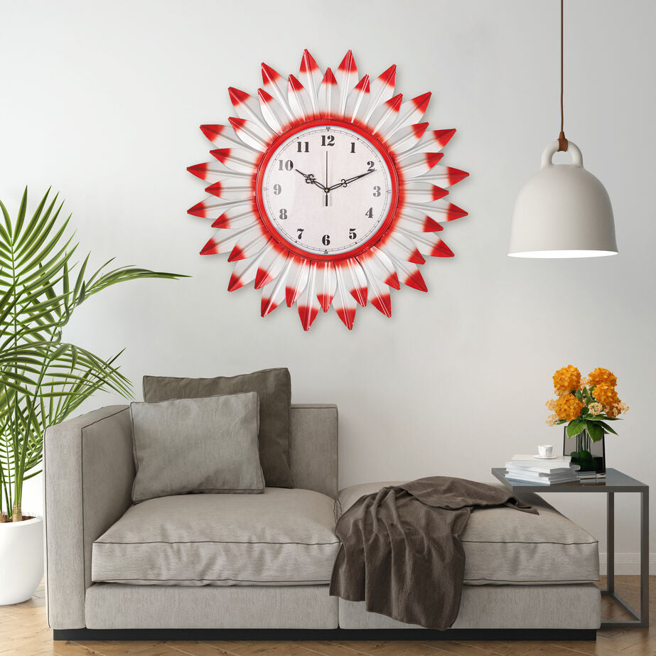 Red & White Floral Decorative Wall Clock with Bold Numerals