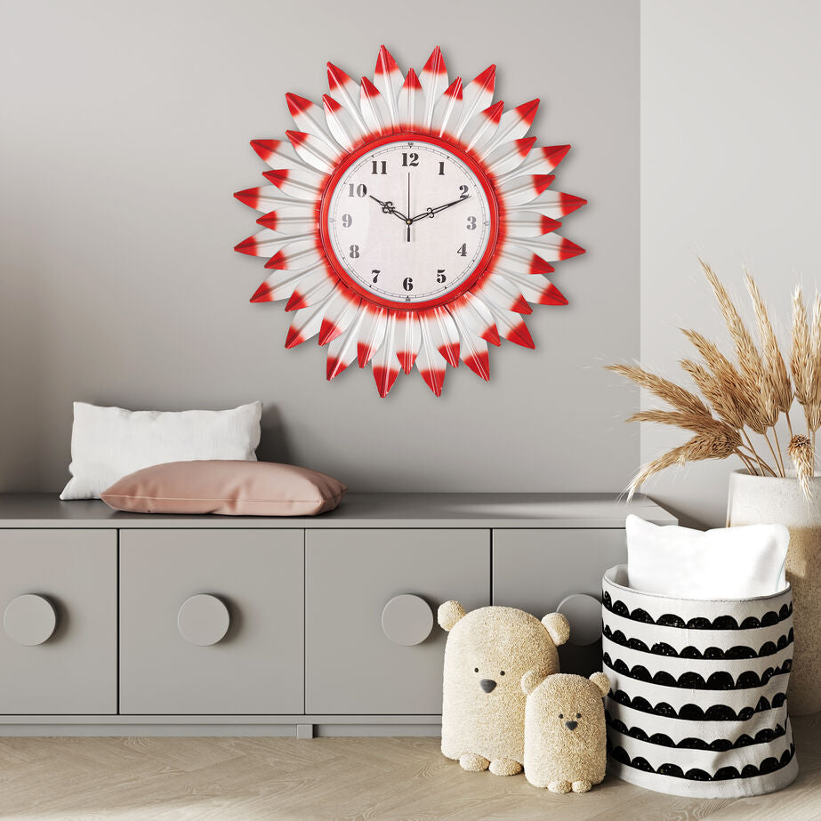 Red & White Floral Decorative Wall Clock with Bold Numerals