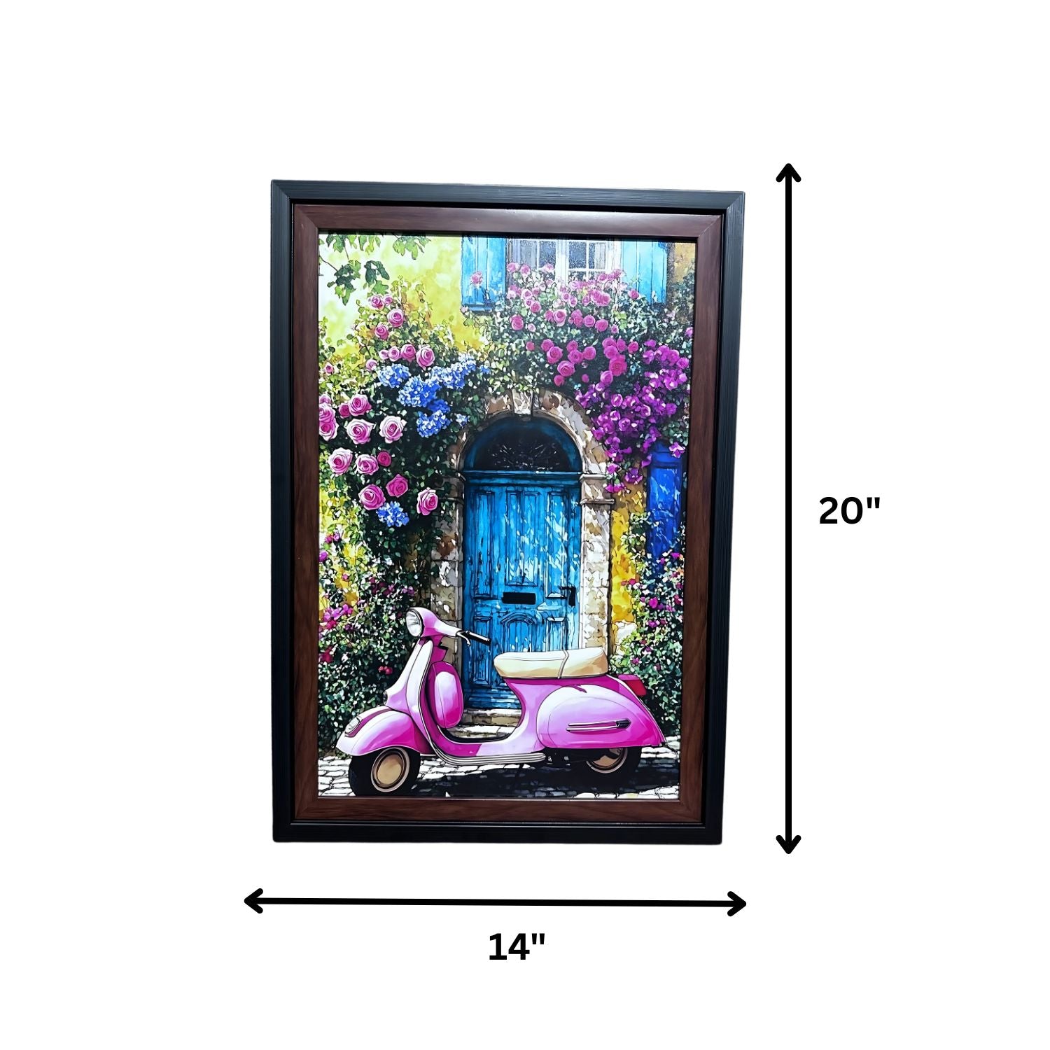Charming Pink Scooter By Blue Door With Floral Surroundings Wall Art
