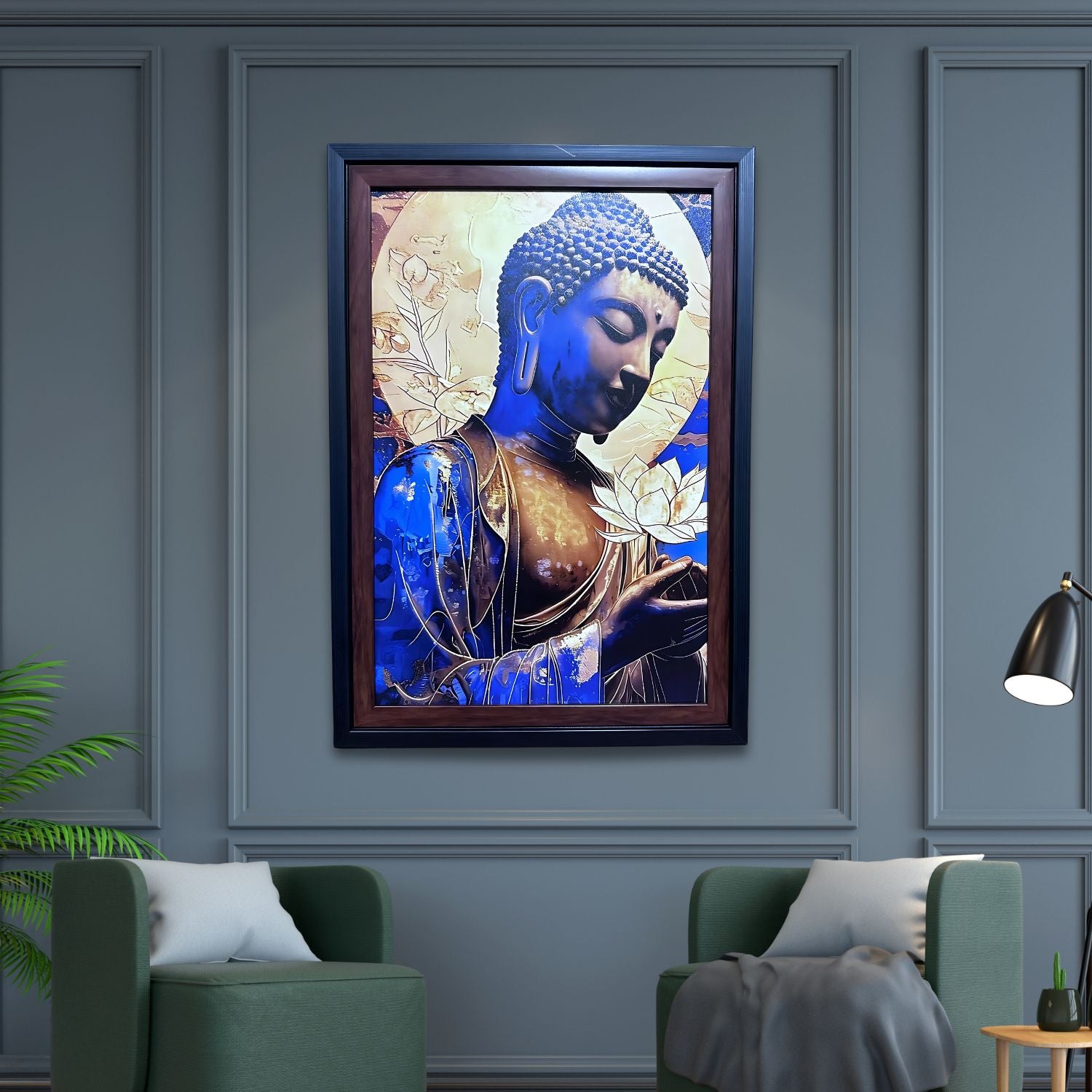 Elegant Blue Buddha Holding Lotus Flower Spiritual Wall Art Decor