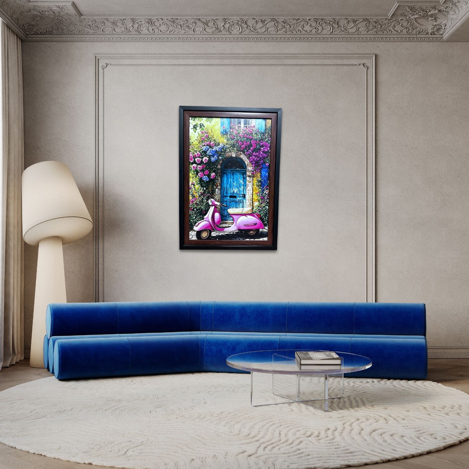 Charming Pink Scooter By Blue Door With Floral Surroundings Wall Art