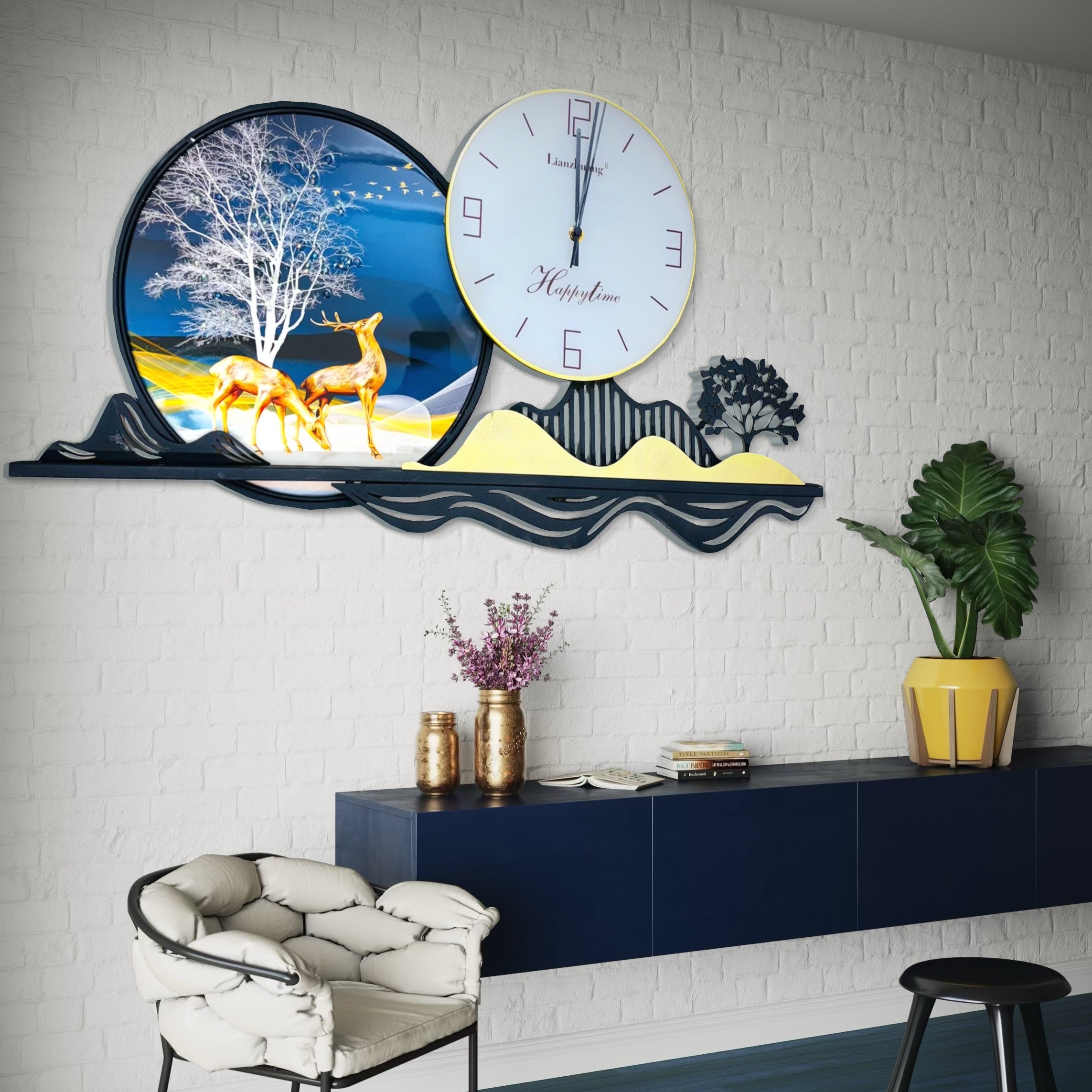Premium Artistic Deer Design Wall Clock with Serene Landscape - 70cm x 40cm - Nestern