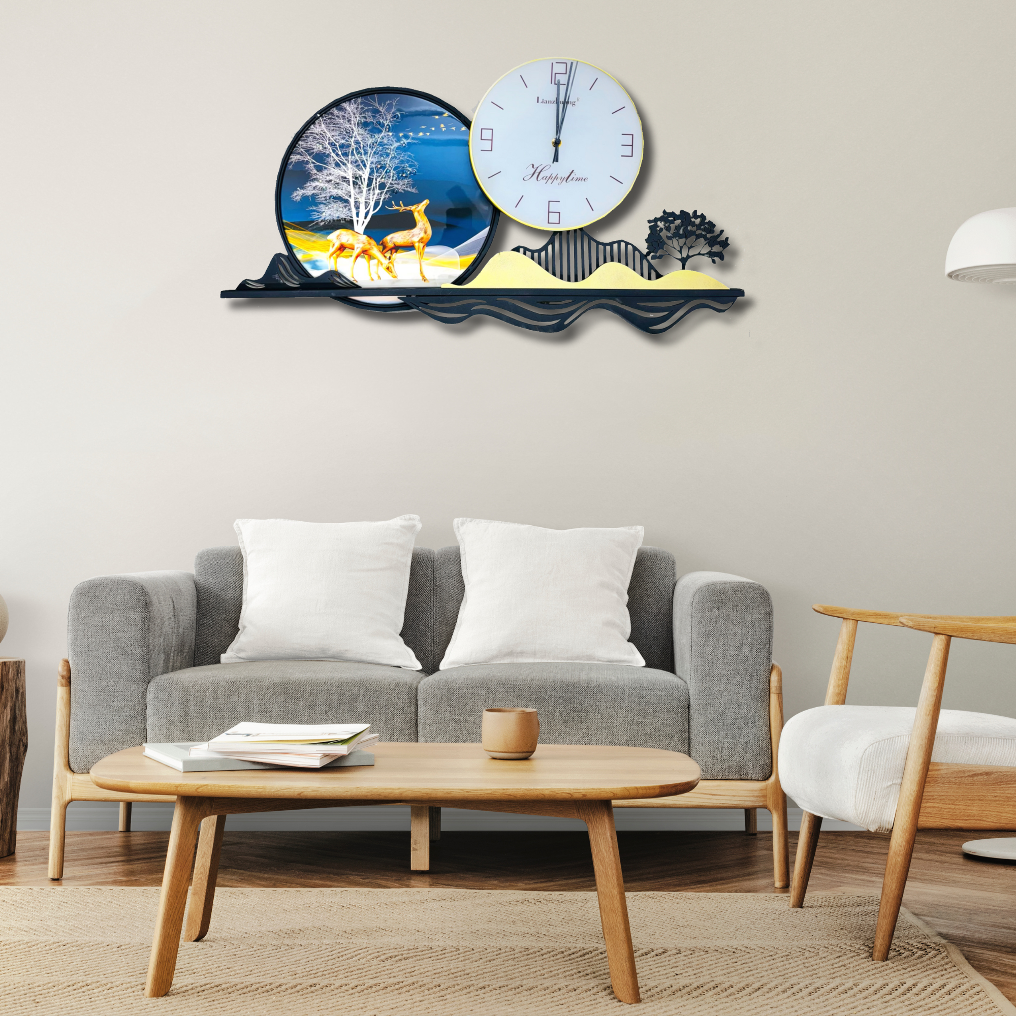 Premium Artistic Deer Design Wall Clock with Serene Landscape - 70cm x 40cm - Nestern