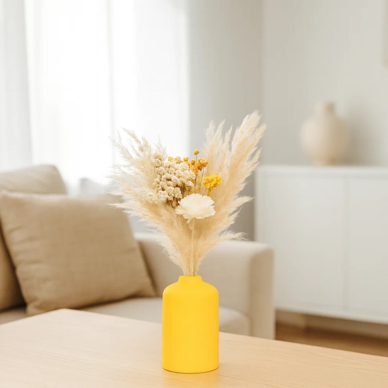 Vibrant Lemon Blossom Vase With Elegant Dried Floral Bunch