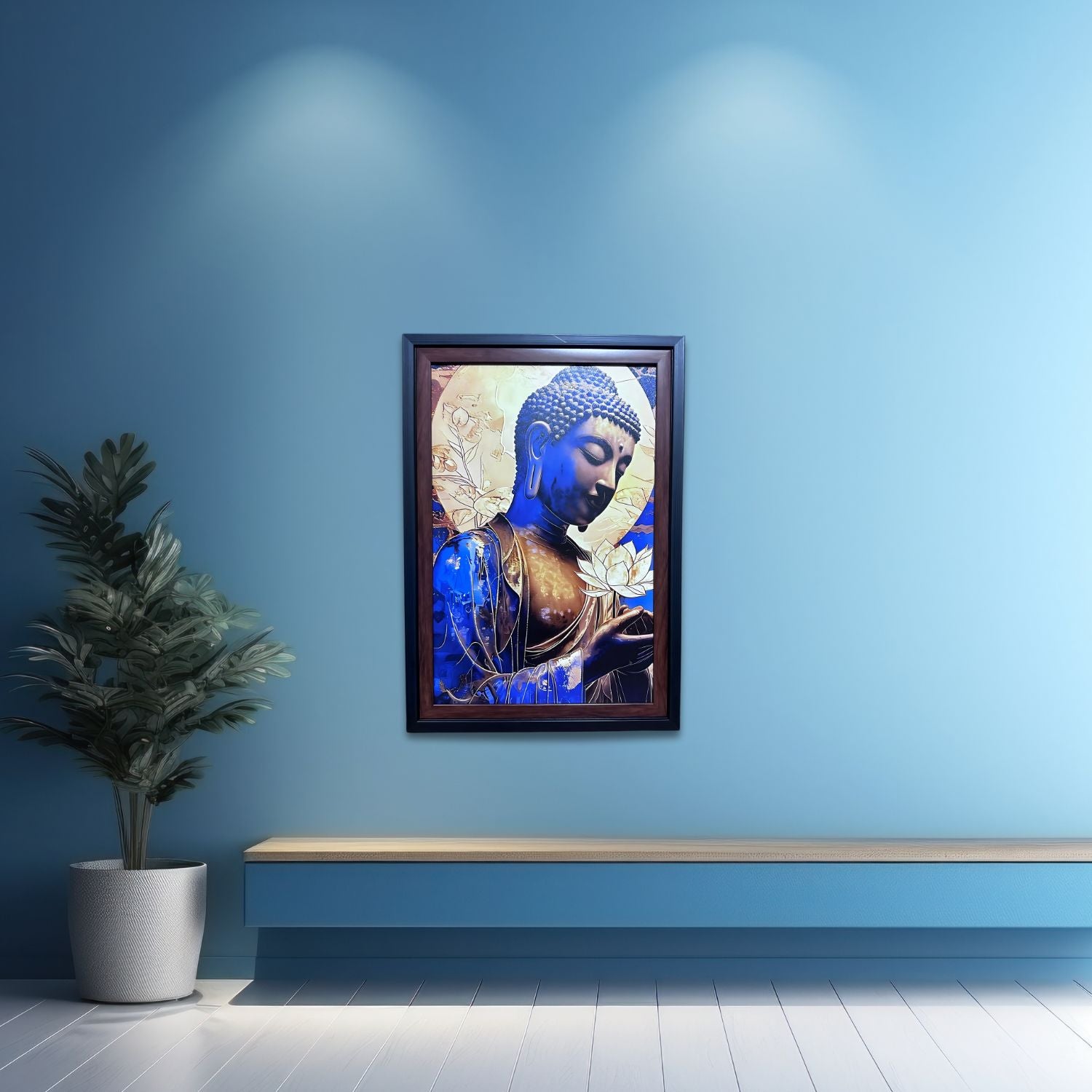 Elegant Blue Buddha Holding Lotus Flower Spiritual Wall Art Decor
