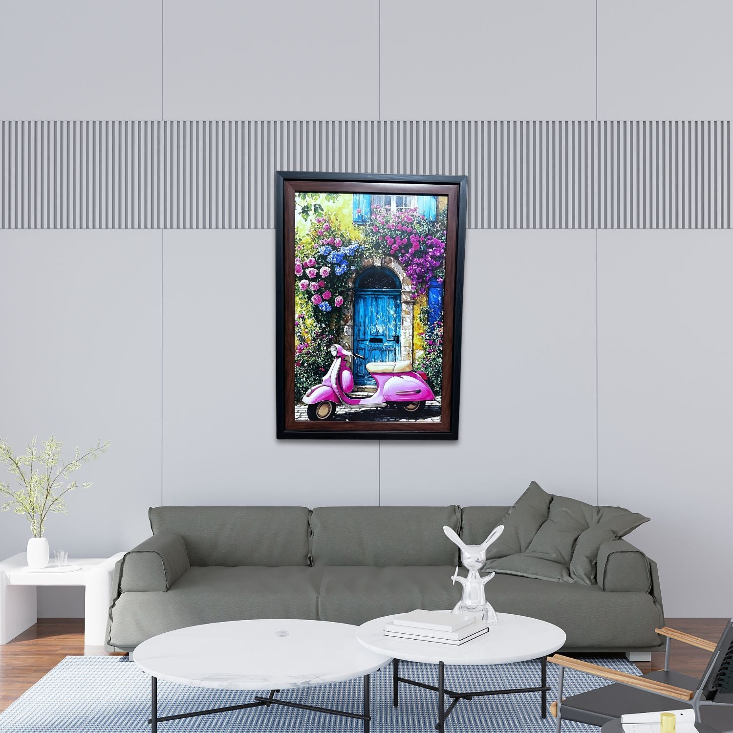 Charming Pink Scooter By Blue Door With Floral Surroundings Wall Art