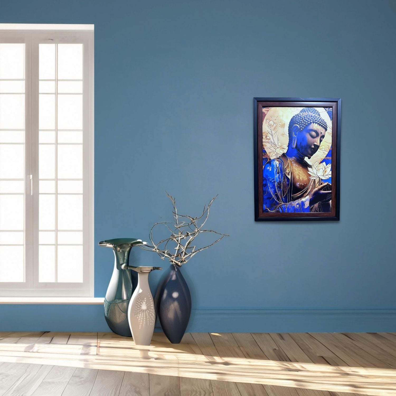 Elegant Blue Buddha Holding Lotus Flower Spiritual Wall Art Decor