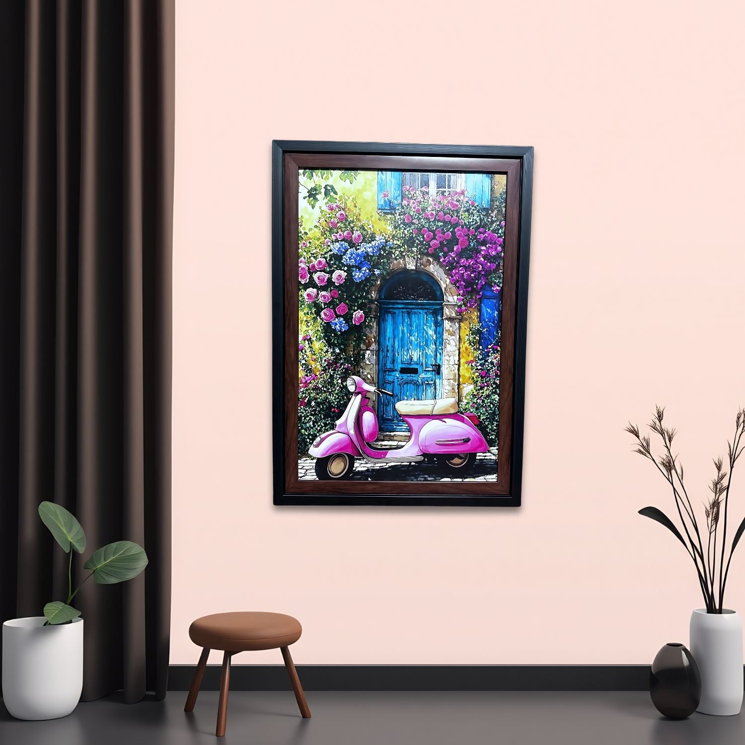 Charming Pink Scooter By Blue Door With Floral Surroundings Wall Art