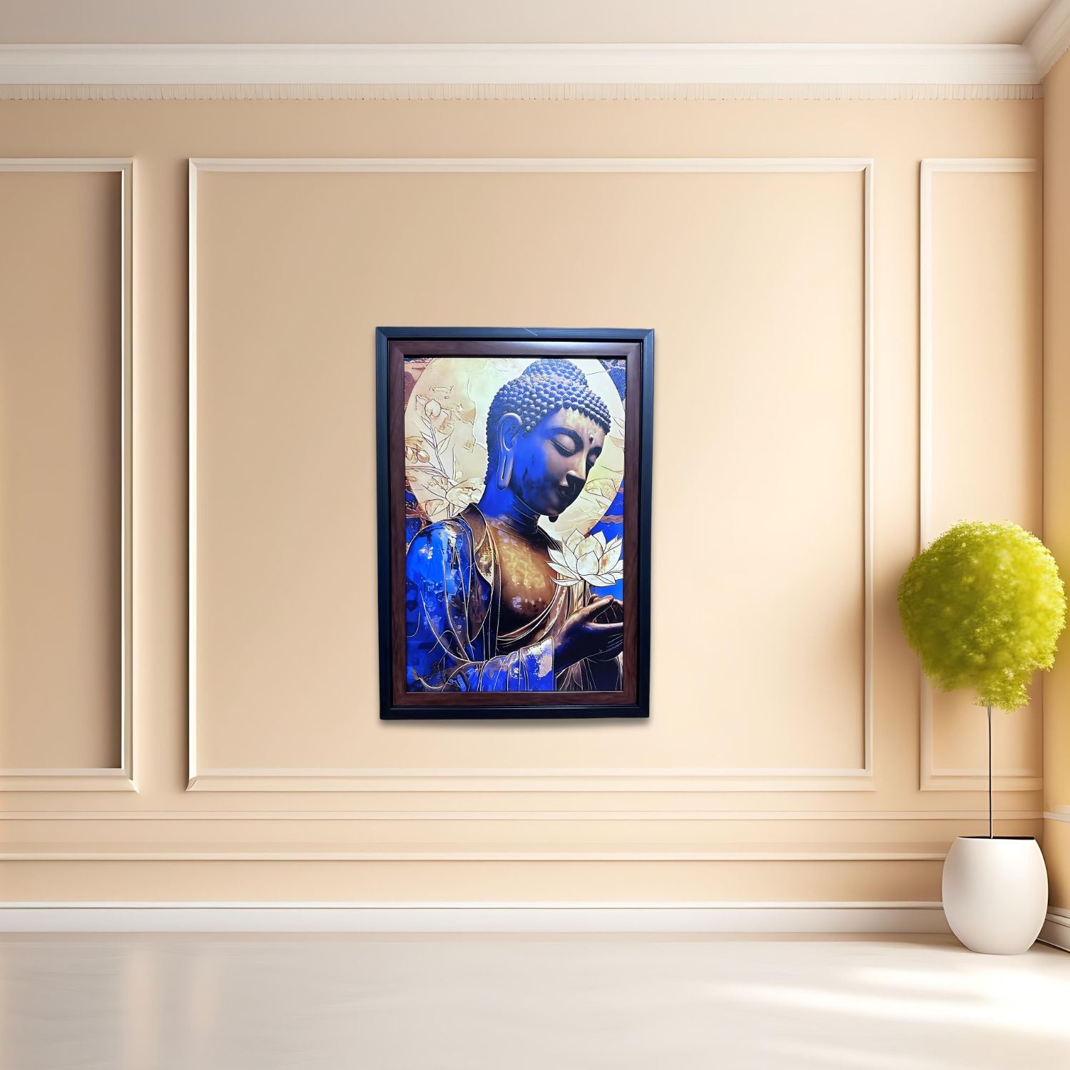 Elegant Blue Buddha Holding Lotus Flower Spiritual Wall Art Decor