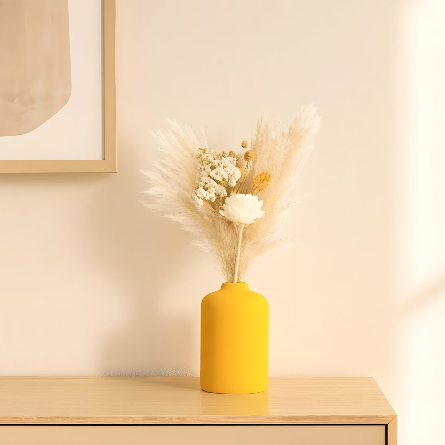 Vibrant Lemon Blossom Vase With Elegant Dried Floral Bunch