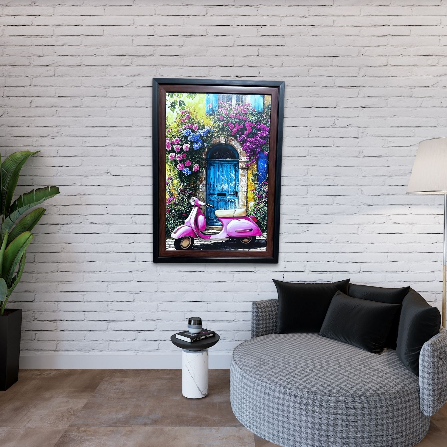 Charming Pink Scooter By Blue Door With Floral Surroundings Wall Art