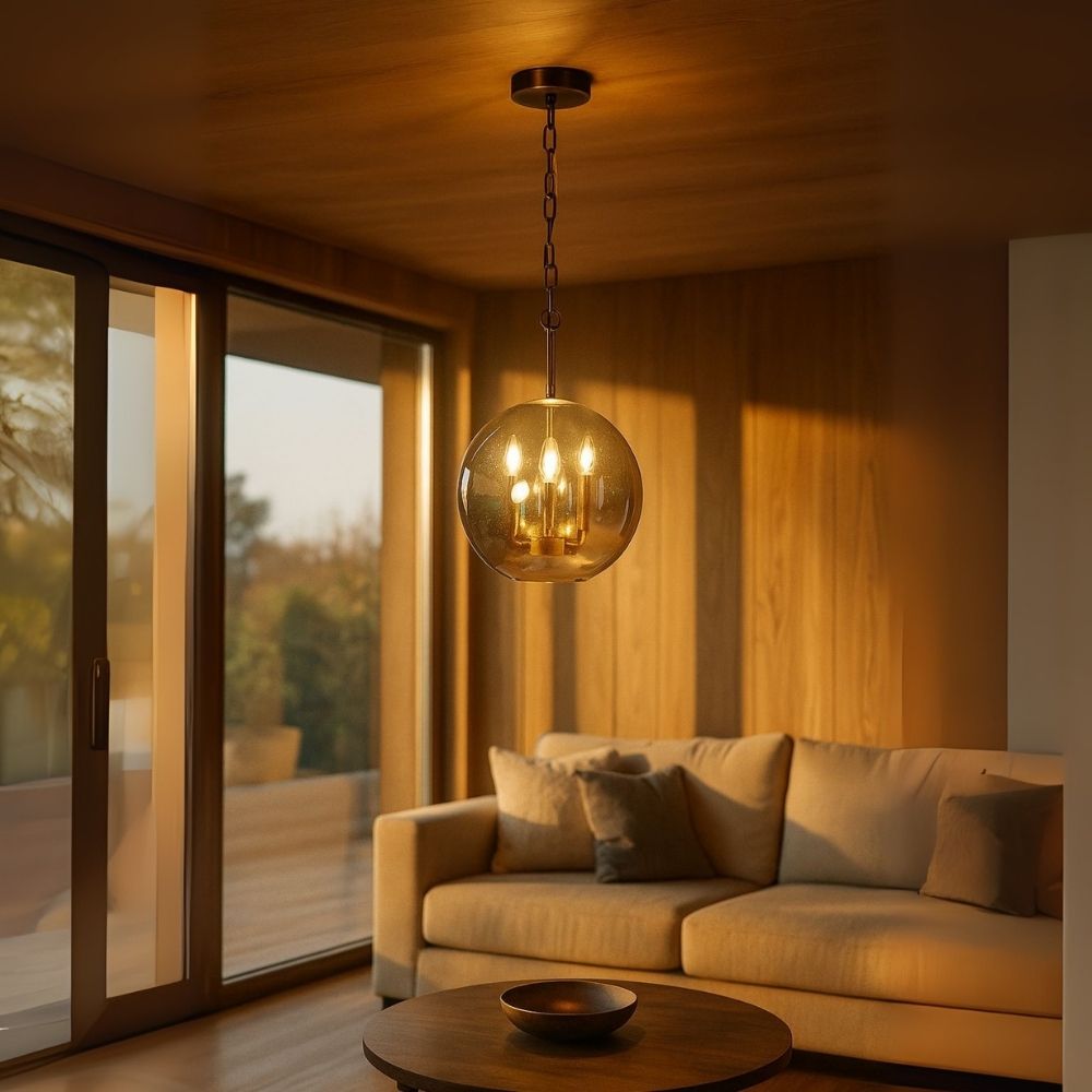 Premium 3-Light Ceiling Pendant - Antique Gold With Smoke Grey Glass Chandelier