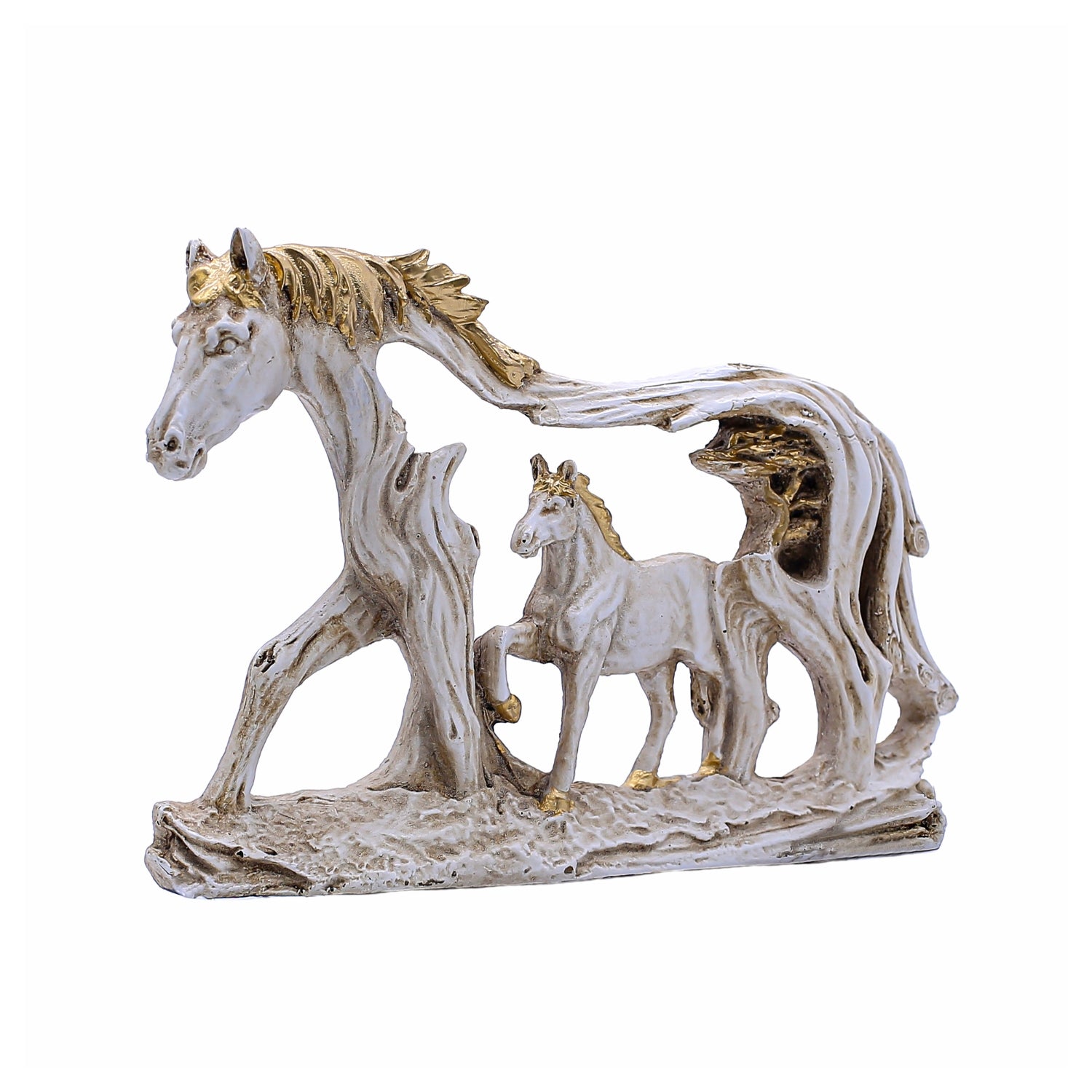 Elegant Horse Family Figurine With Gold Detailing and Artistic Tree Frame