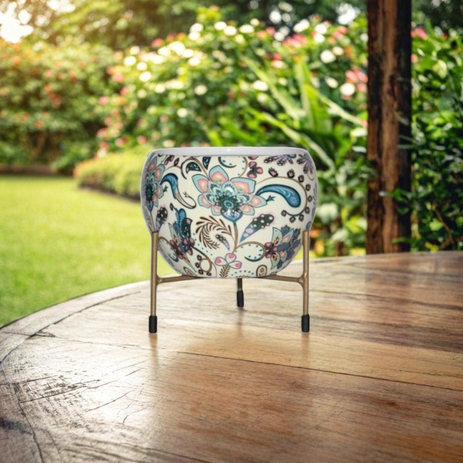 Elegant 5" Orchid Pot - Blue Enamel Design Print with Stand - Nestern