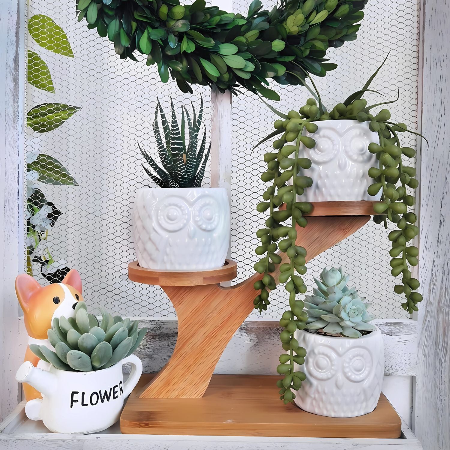Elegant Multi-Tier Bamboo Plant Stand With 3 Ceramic Owl Planters