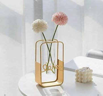 Gold Metal Frame Vase with Glass Tube – Modern Minimalist Decor