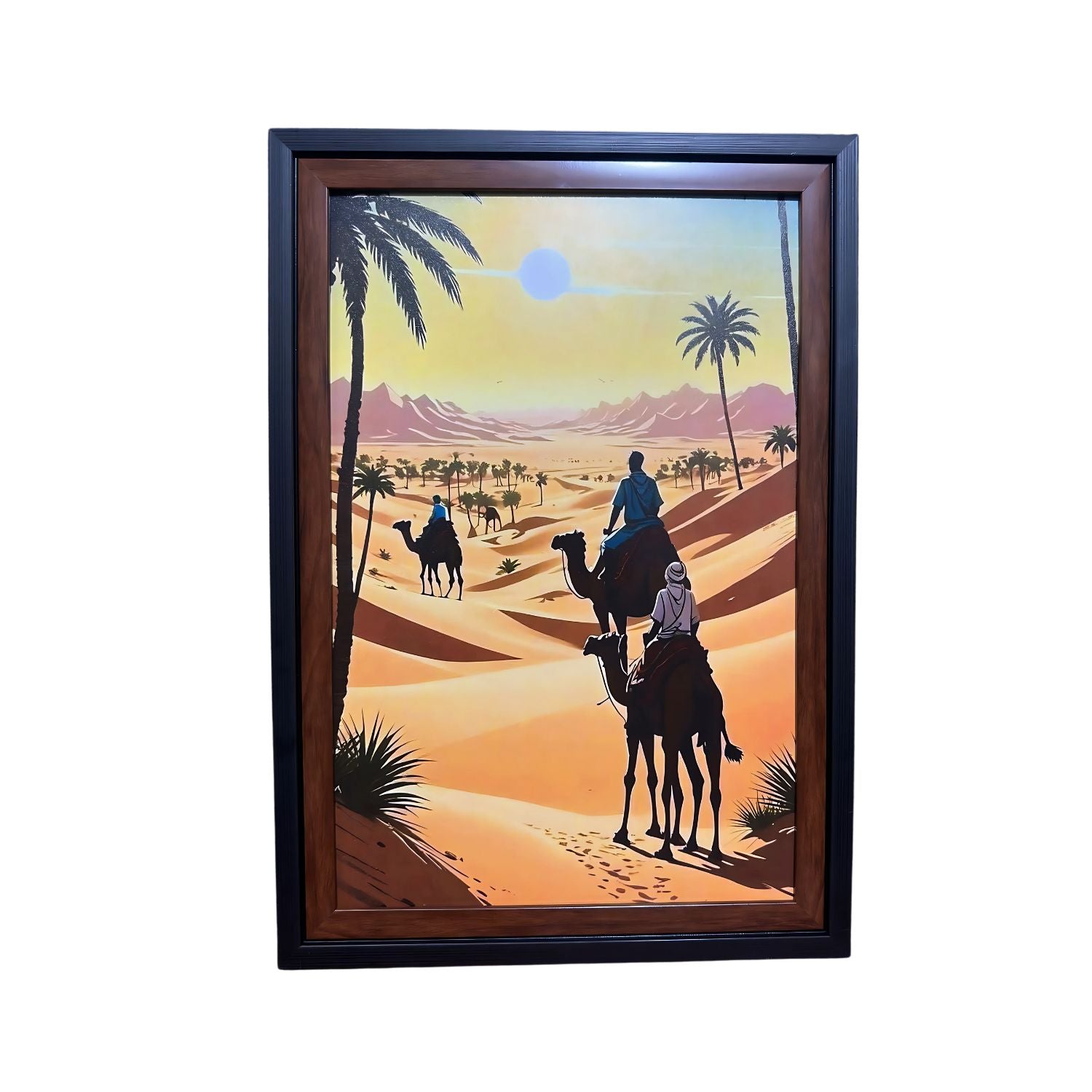 Camel Caravan In Desert Sunset - Framed Scenic Wall Art Painting Print