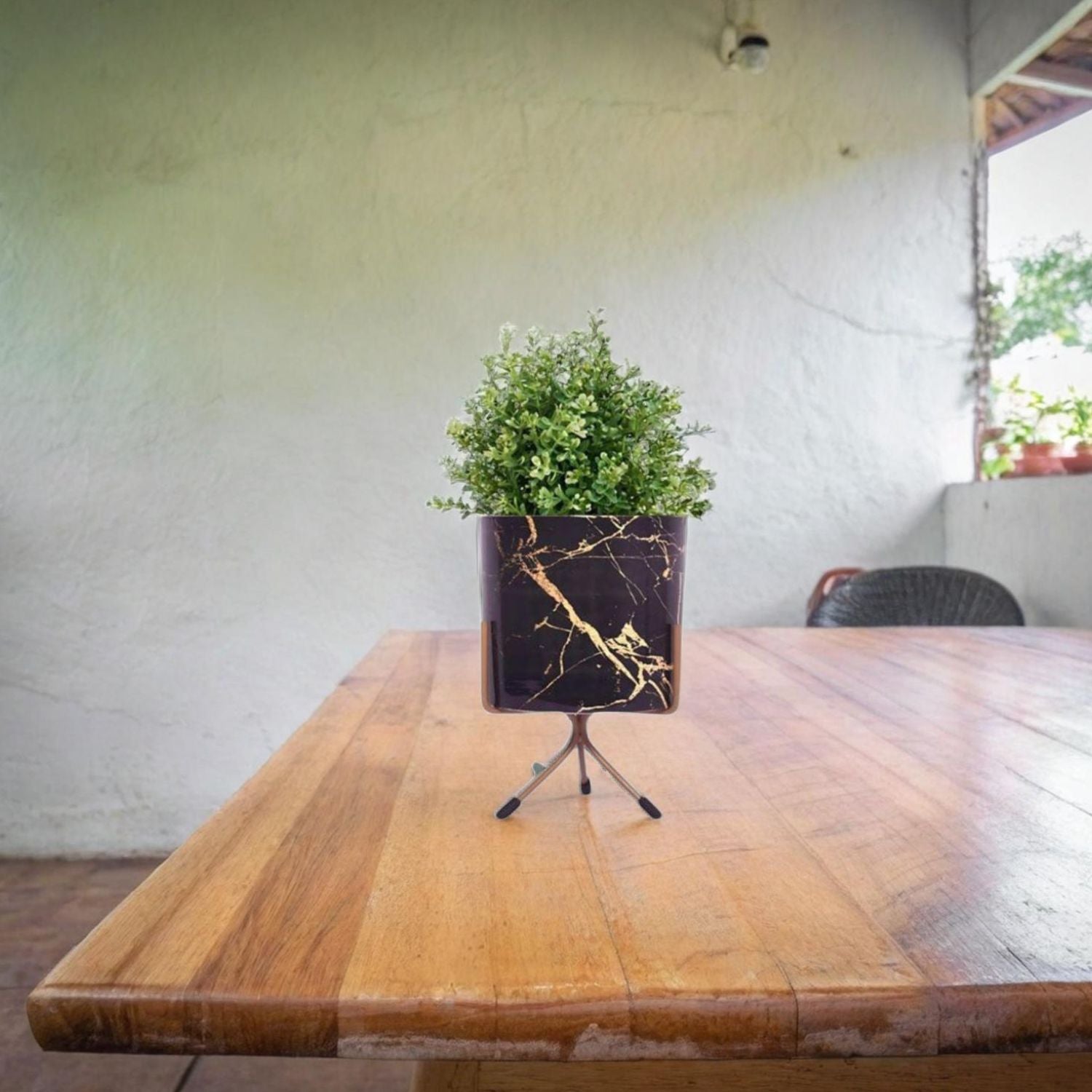 Stylish Round Tabletop Pot - Black Marble Print with Stand - Nestern
