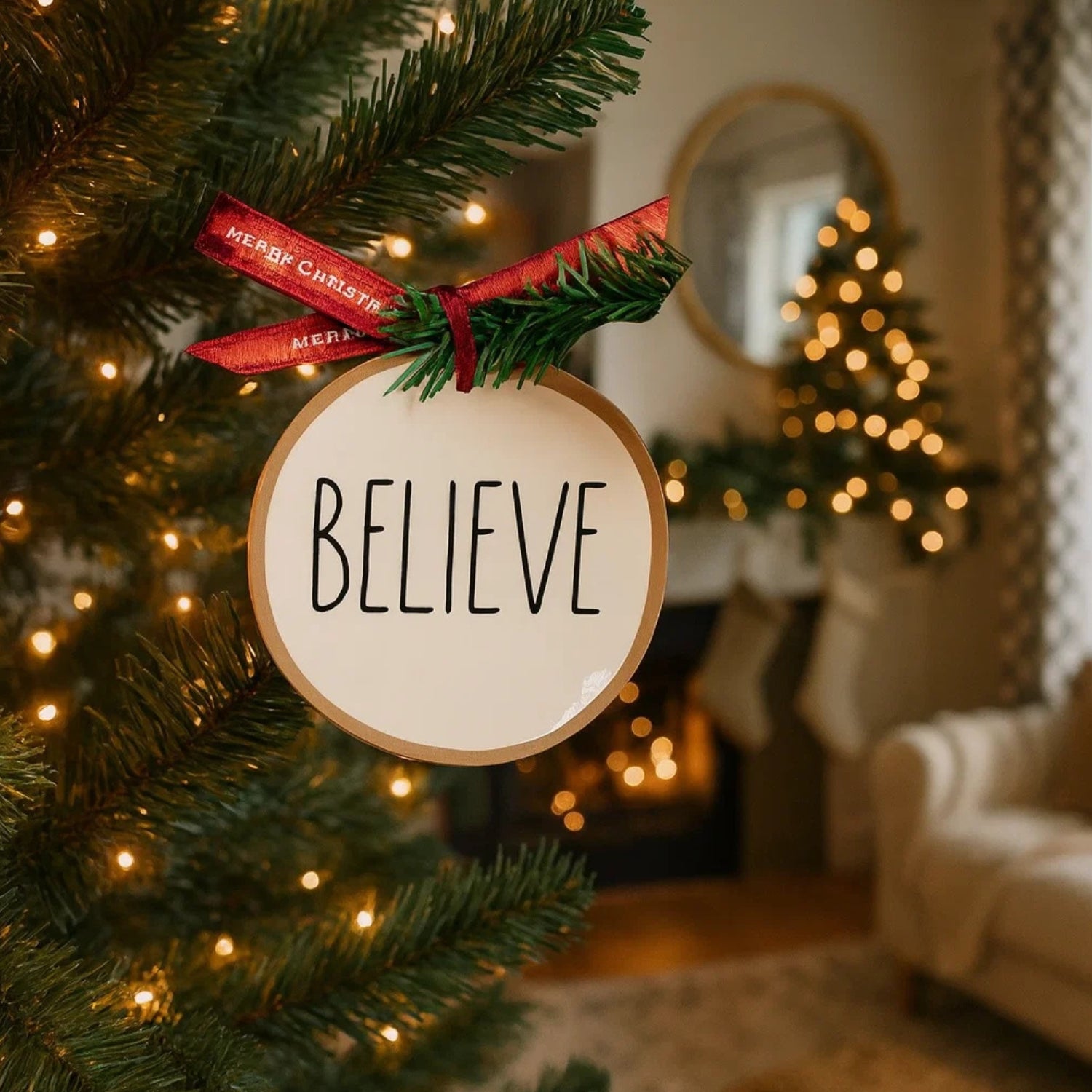 Handcrafted Ceramic "BELIEVE" Christmas Tree Hanging Festive Ornament