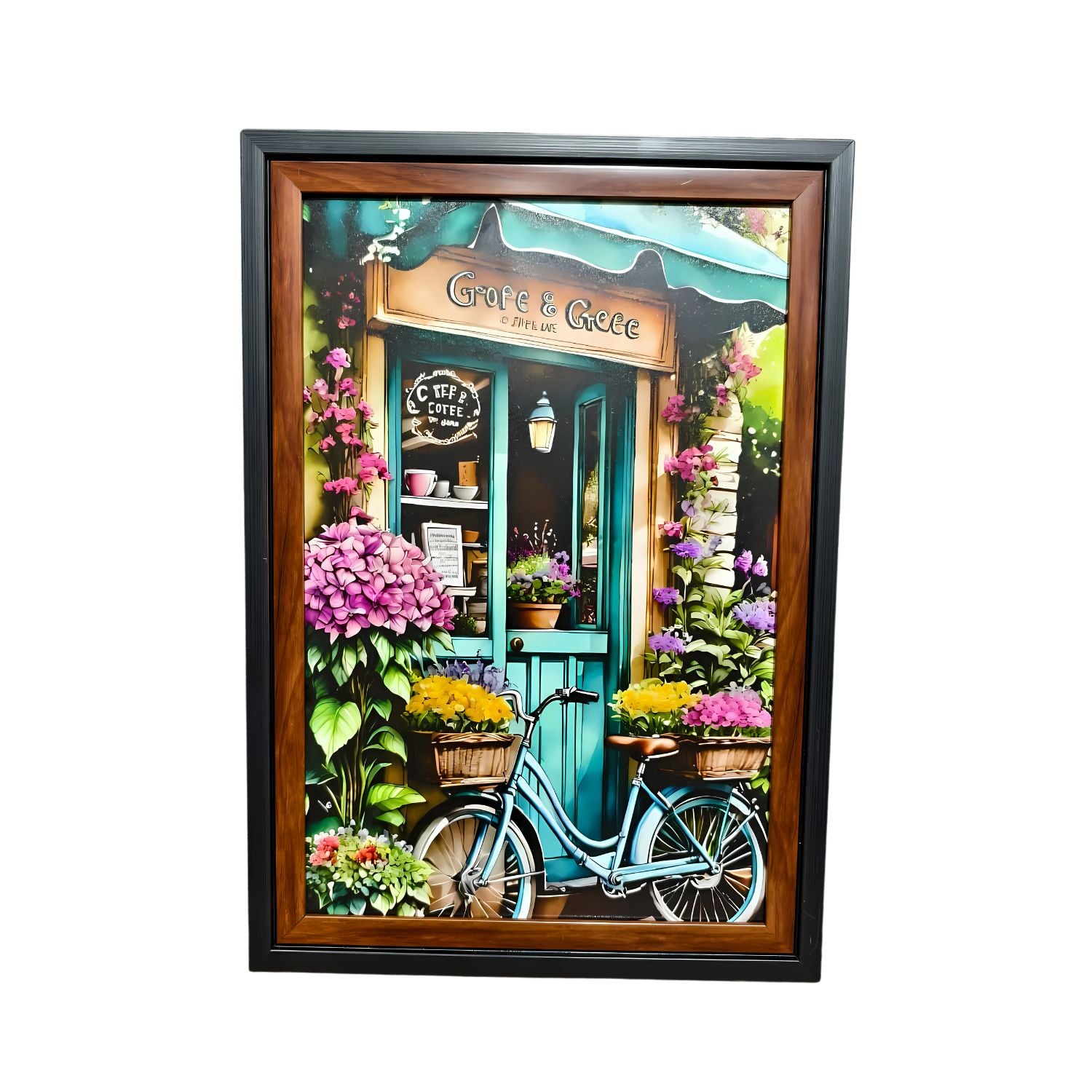 Vintage Floral Cafe With Bicycle Entrance Scenic Wall Art Painting