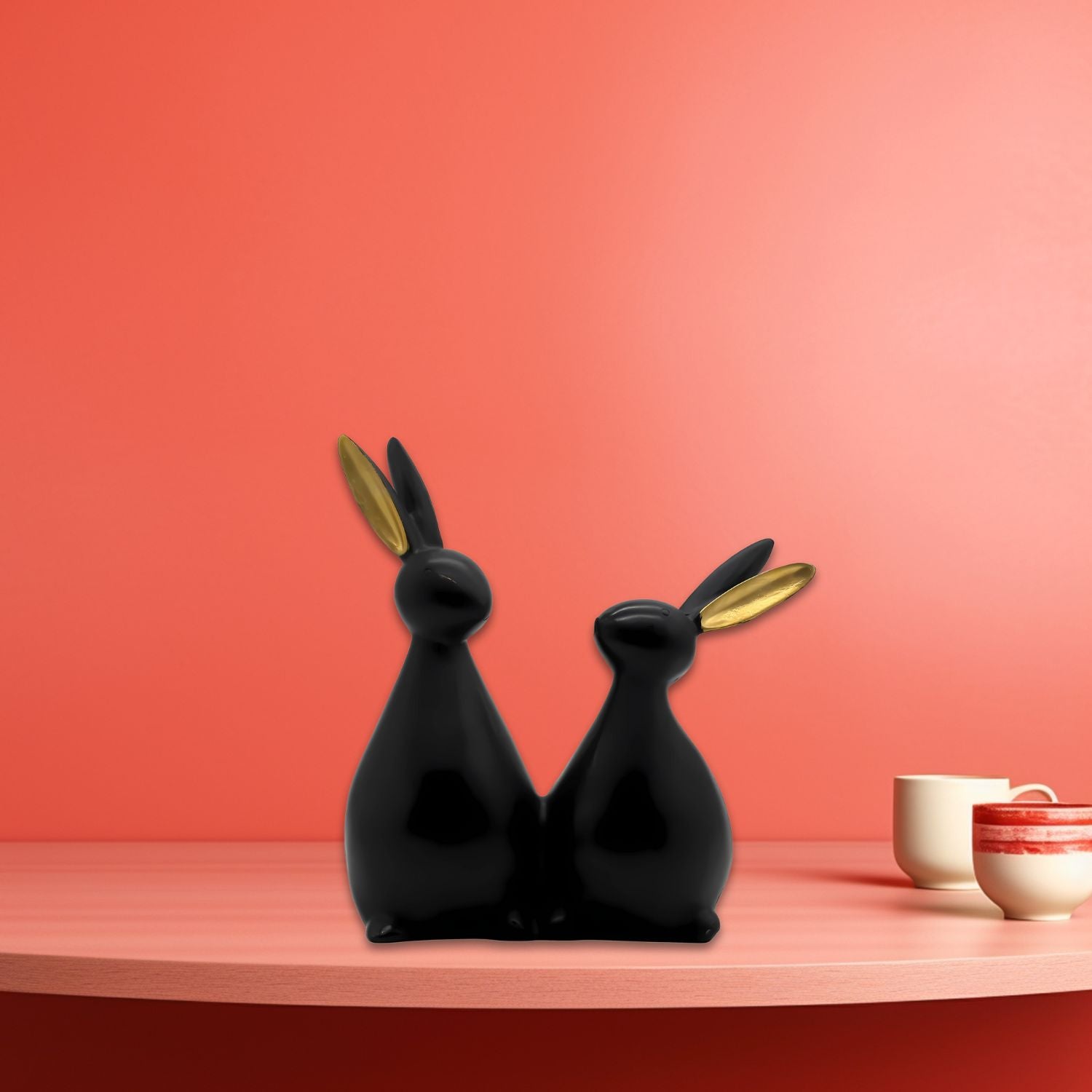 Elegant Black Rabbit Couple Figurine With Gold Ear Accents For Decor
