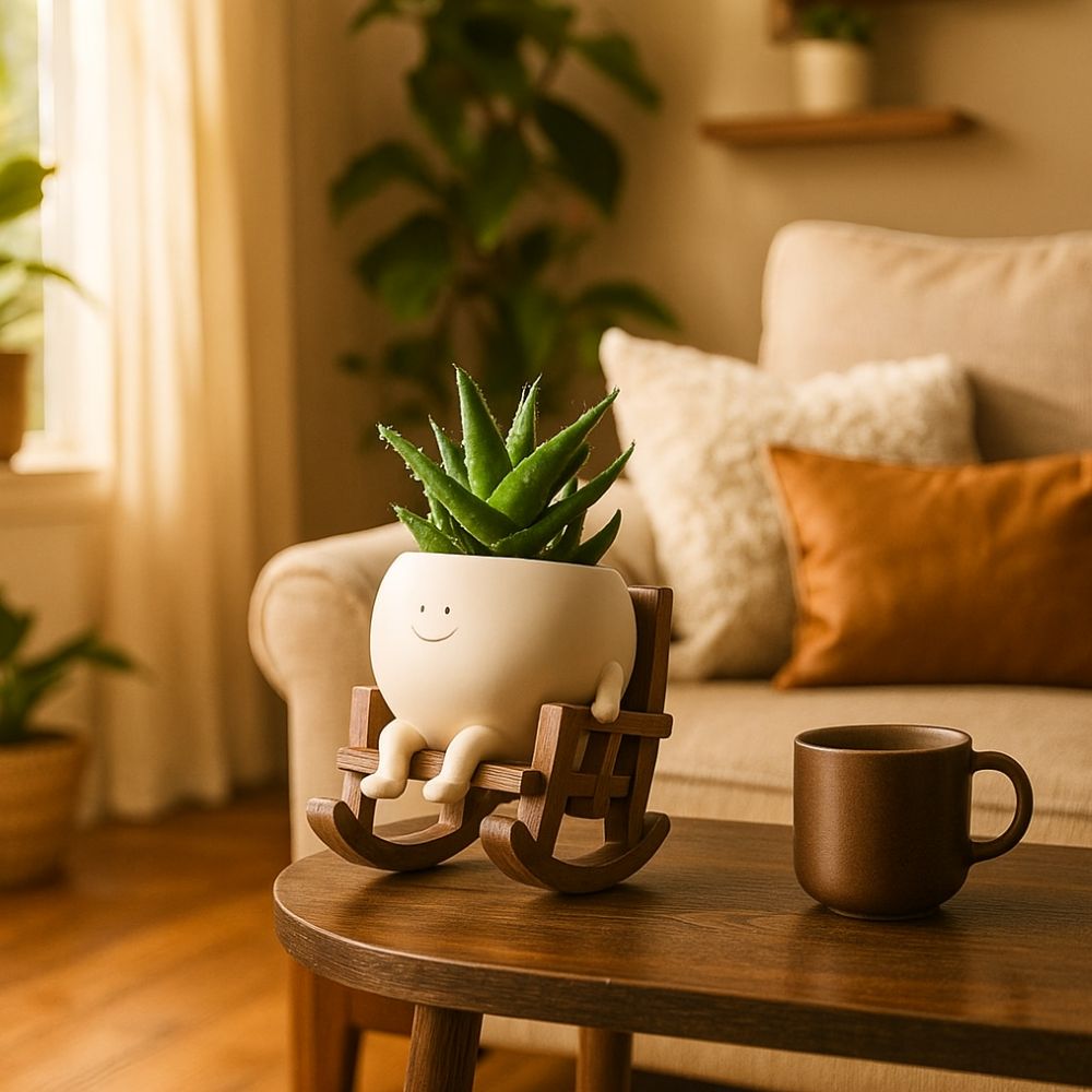 Adorable Swing Planter With Smiley Pot on Wooden Chair