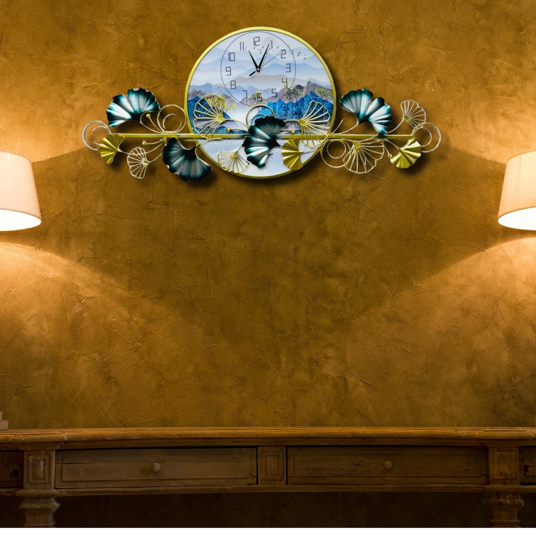 Landscape Elegant Wall Clock with Floral Metal Art - Nestern