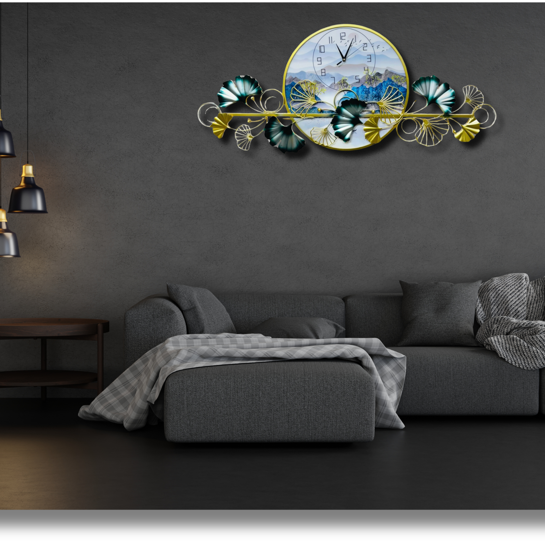 Landscape Elegant Wall Clock with Floral Metal Art - Nestern