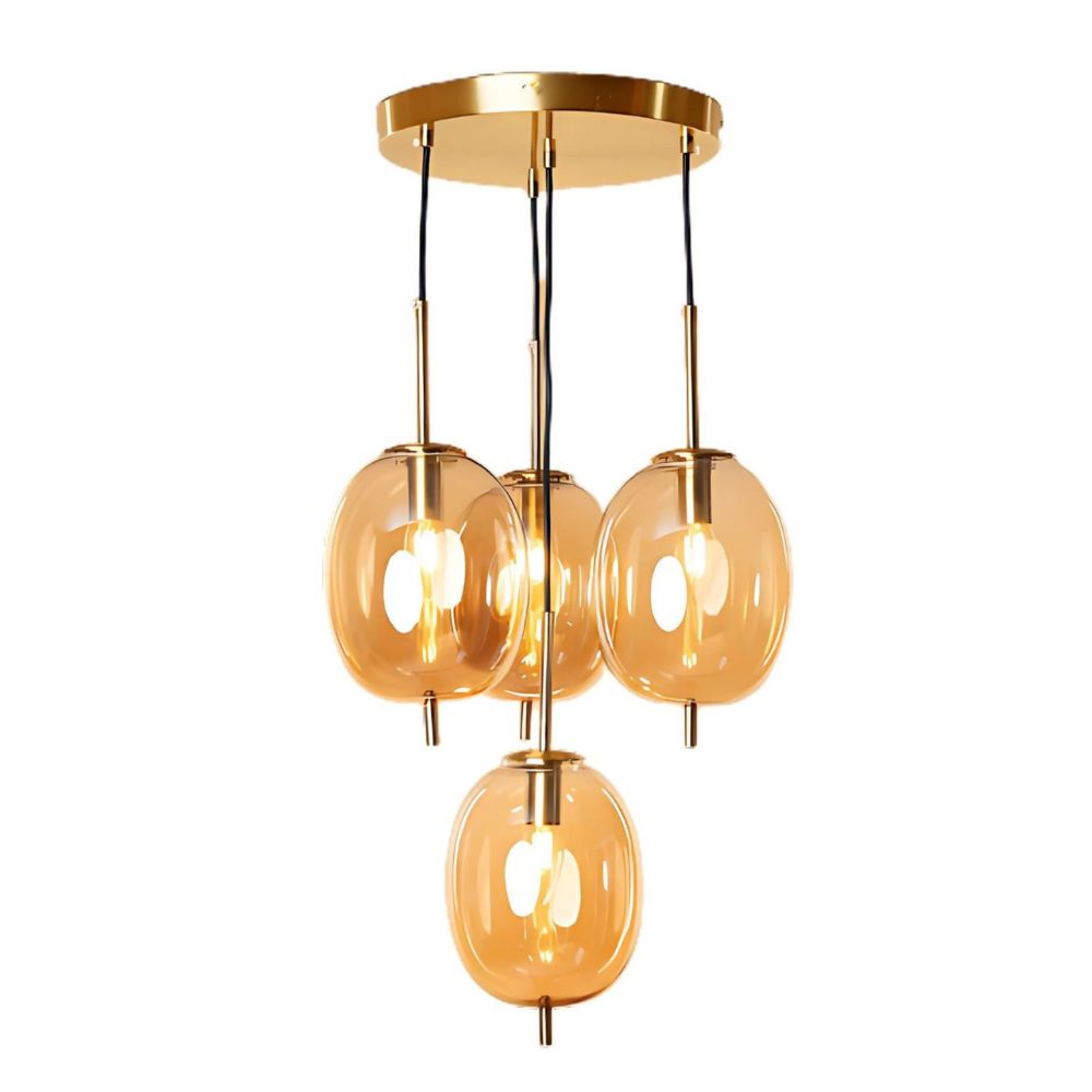 Classic Amber/Smoke Grey Glass Chandelier - Elegant Antique Gold 4-Light Ceiling Pendant