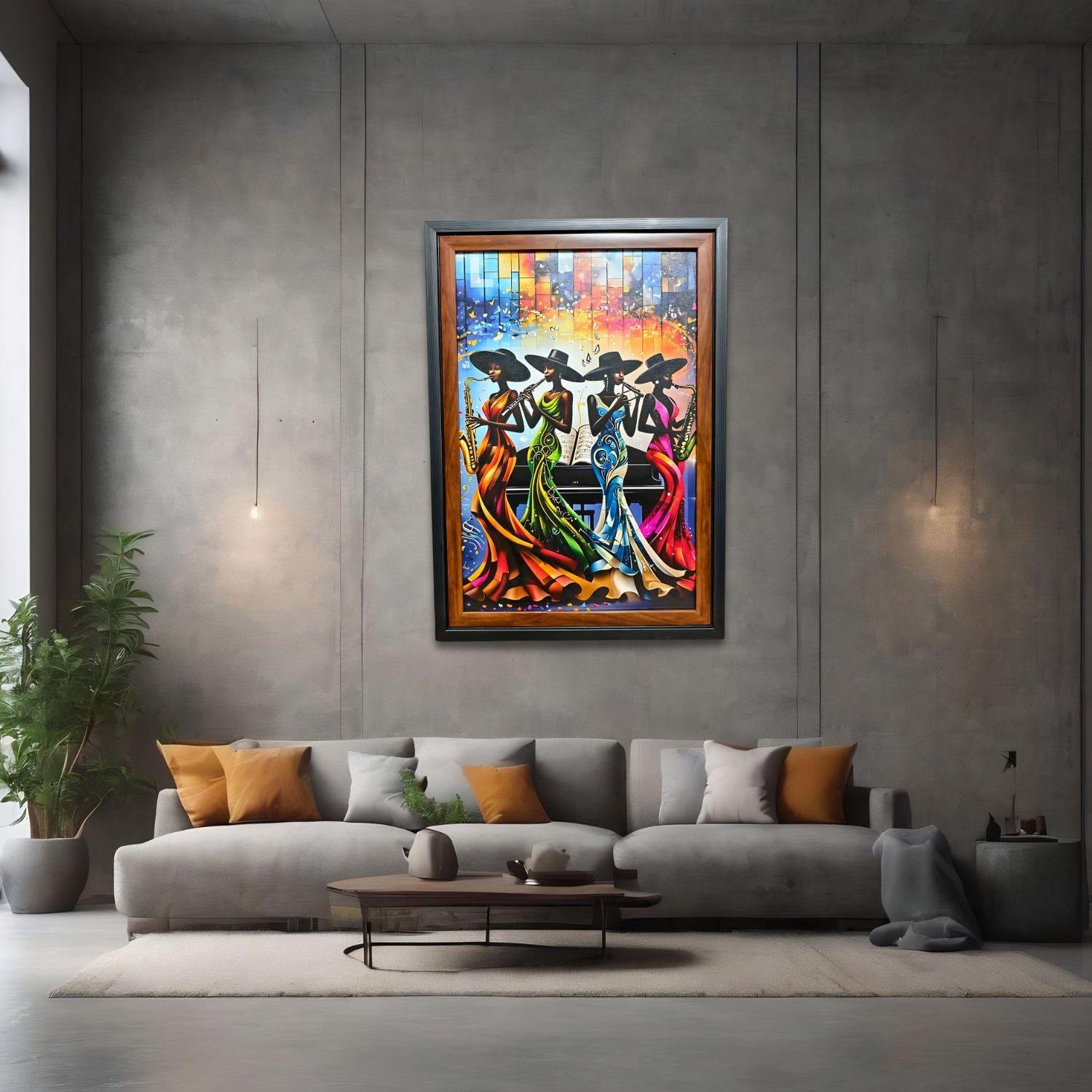 Elegant Women Jazz Musicians Playing Instruments Colorful Wall Art Painting