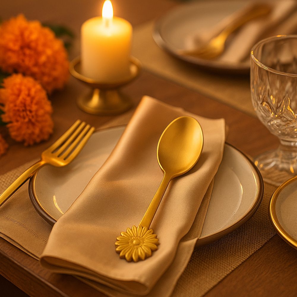 Classic Brass Cutlery Set With Floral Handles - Set of 6