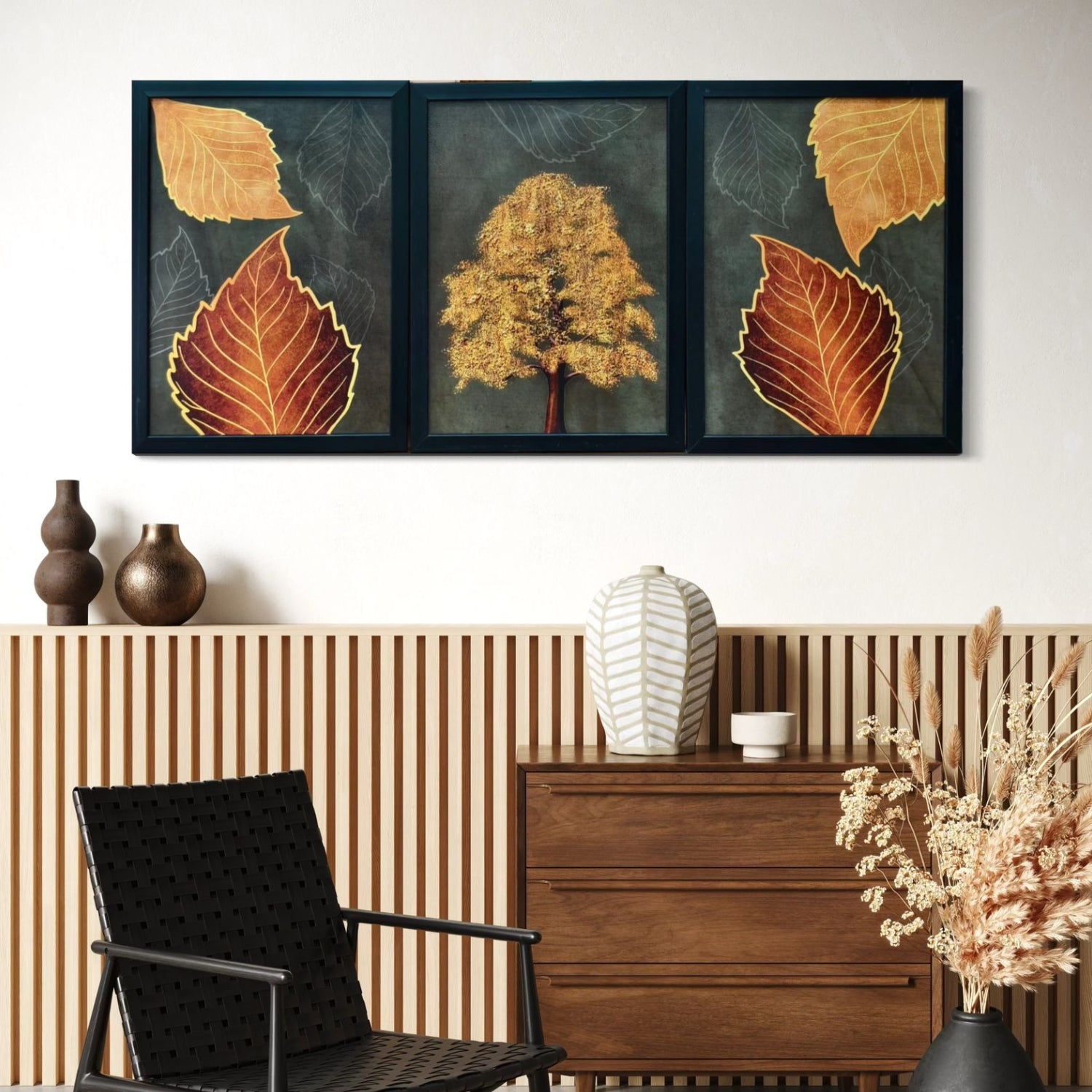 Autumn Golden Leaf Wall Art Set - 3 Framed Botanical Nature Prints