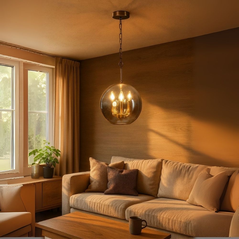 Premium 3-Light Ceiling Pendant - Antique Gold With Smoke Grey Glass Chandelier