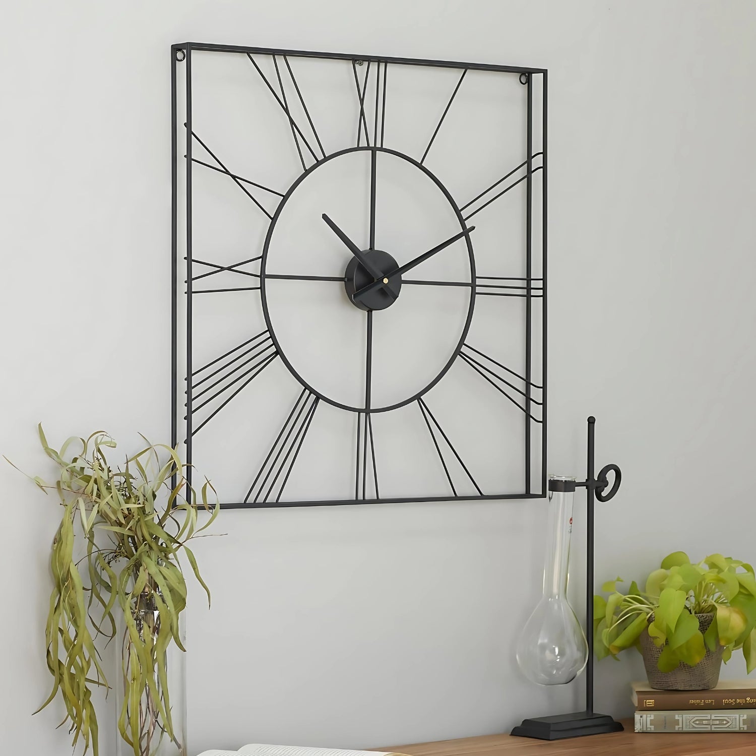 Black Square Roman Numeral Metal Wall Clock Showcasing Timeless Elegance