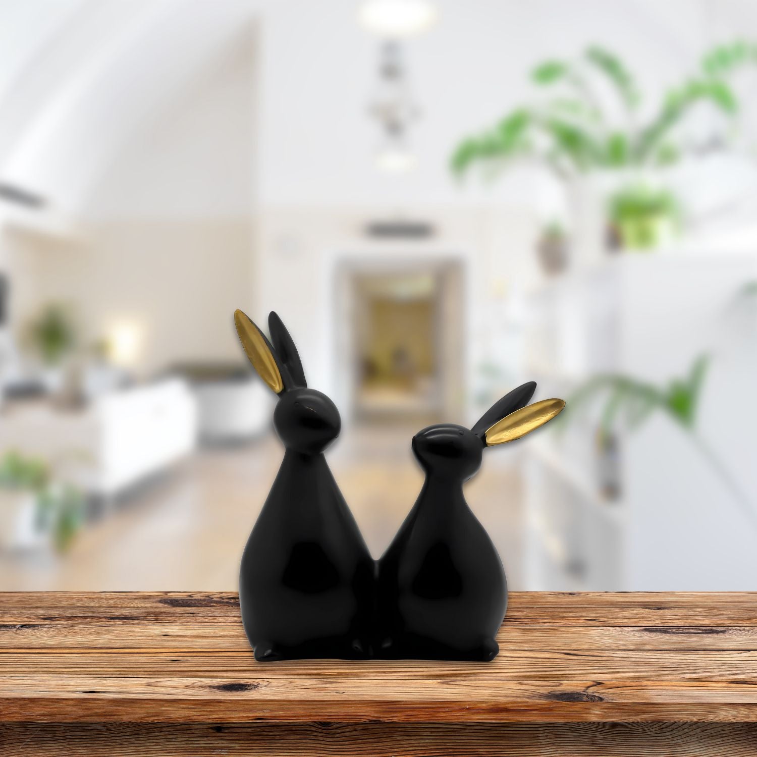 Elegant Black Rabbit Couple Figurine With Gold Ear Accents For Decor