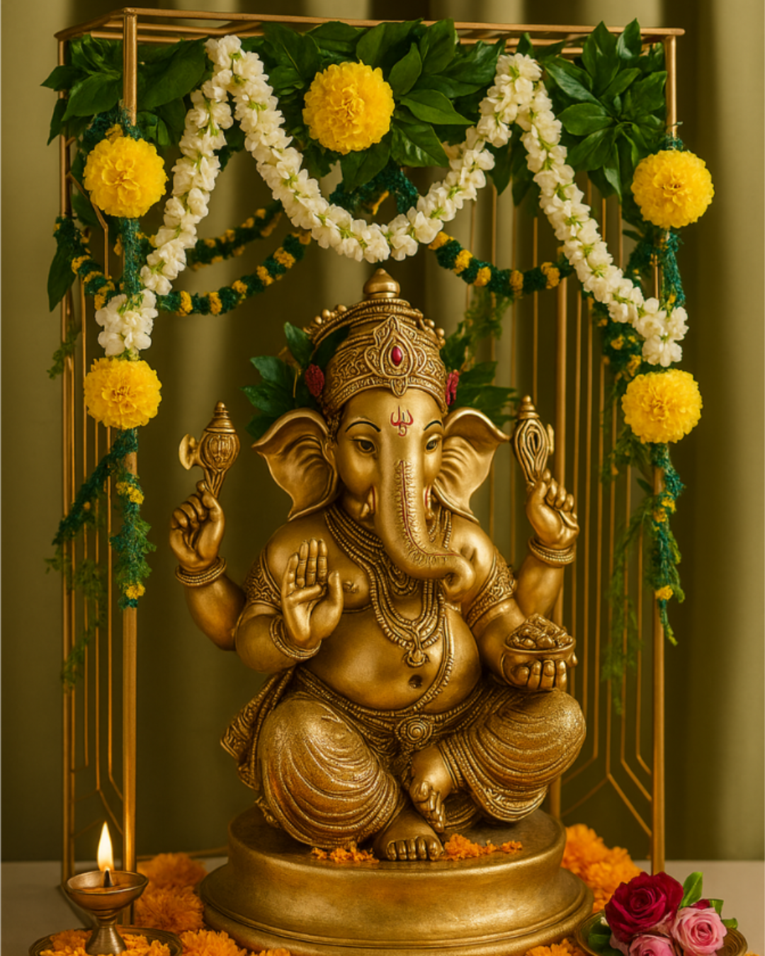 Elegant Floral Gold Pooja Metal Stand for Home Decor