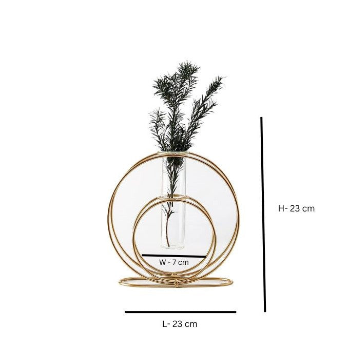 Modern Gold Circular Metal Vase with Glass Tube