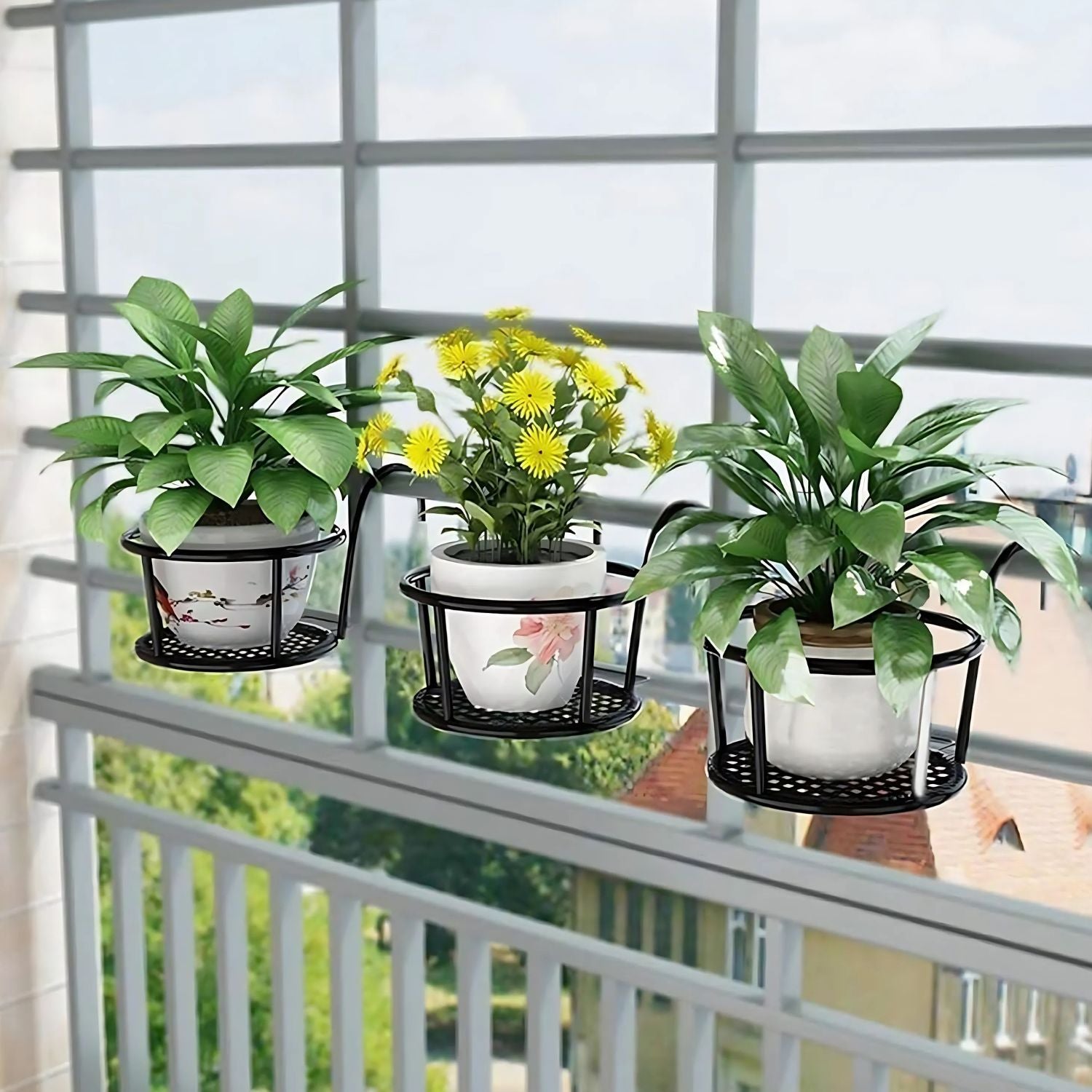 Handcrafted Metal Balcony Railing Plant Stand - Round Pot Holder for Outdoor Decor (Set of 3)