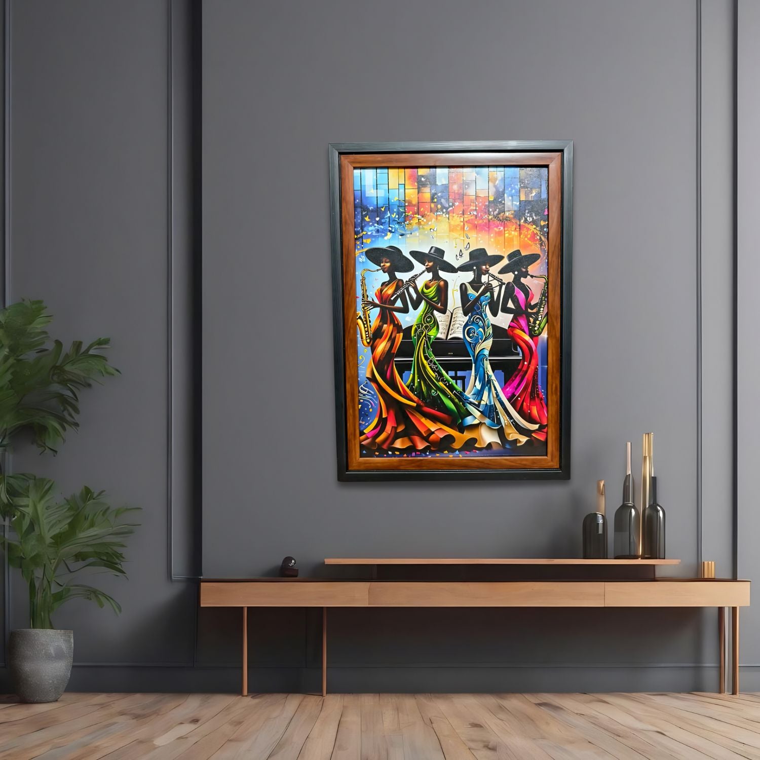 Elegant Women Jazz Musicians Playing Instruments Colorful Wall Art Painting